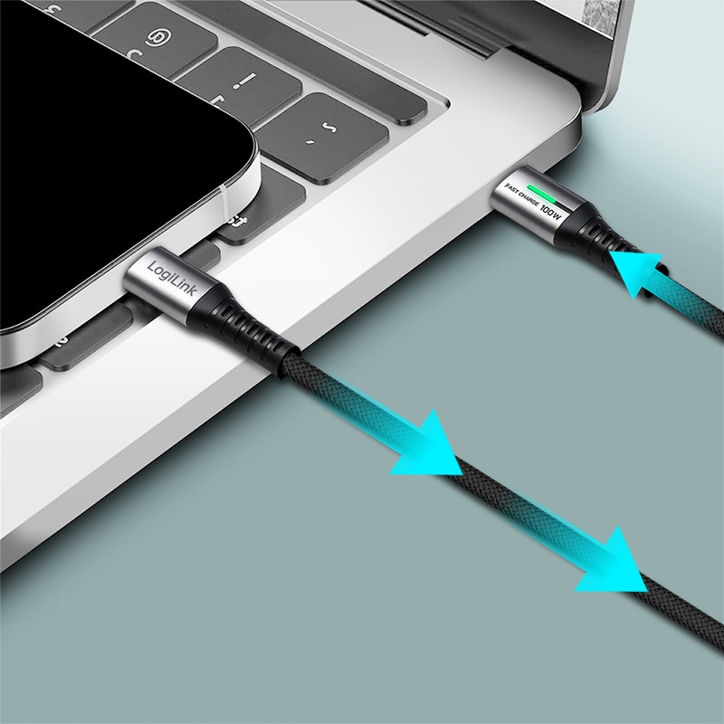 LOGILINK USB3.2 Kabel CU0432 USB-C M/USB-C M 100W LED Metall 1m schwarz