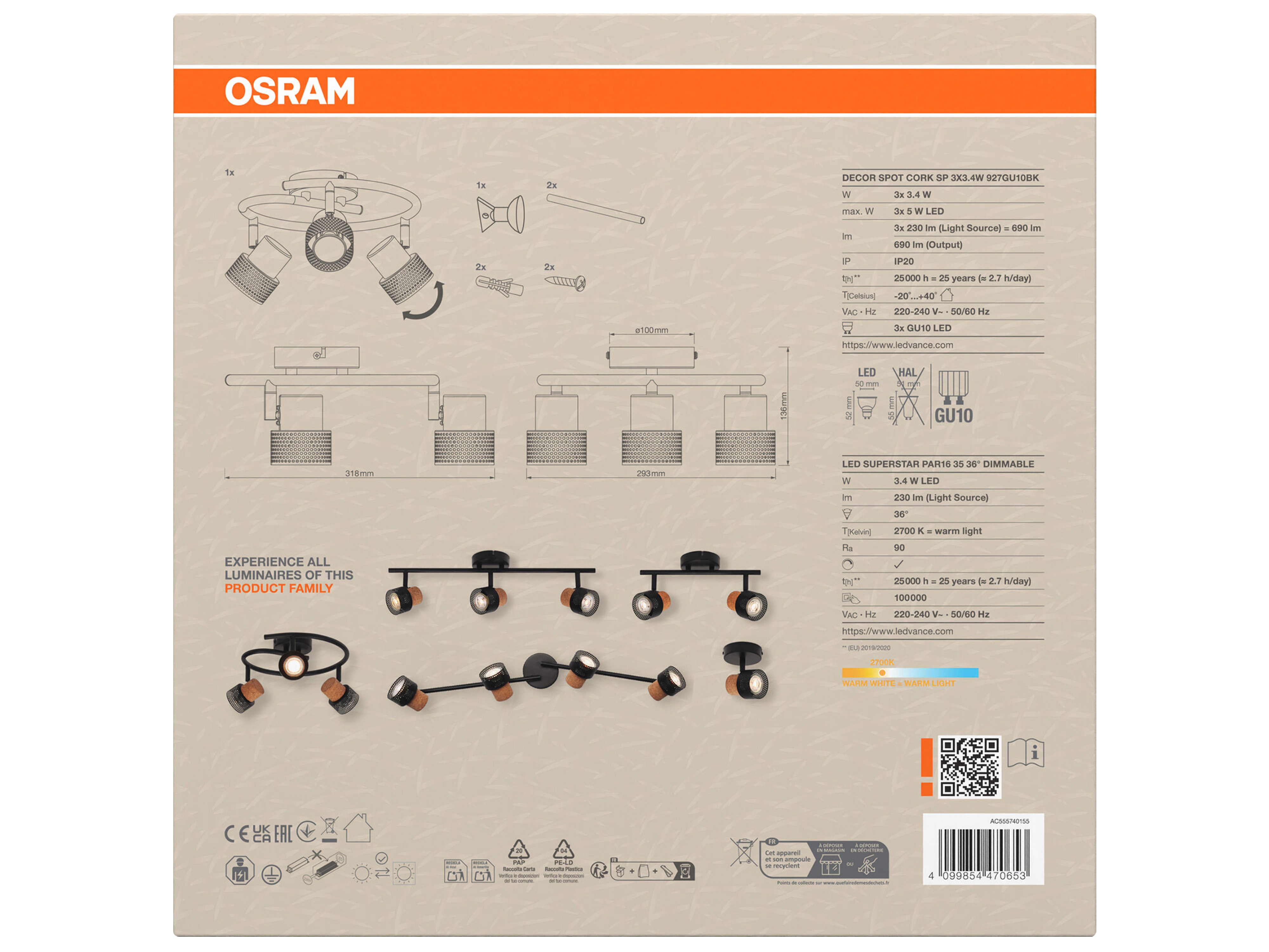 OSRAM LED-Deckenleuchte, GU10, 10,2 W, 690 lm, 2700 K, 3-Spot-Leuchte, dimmbar