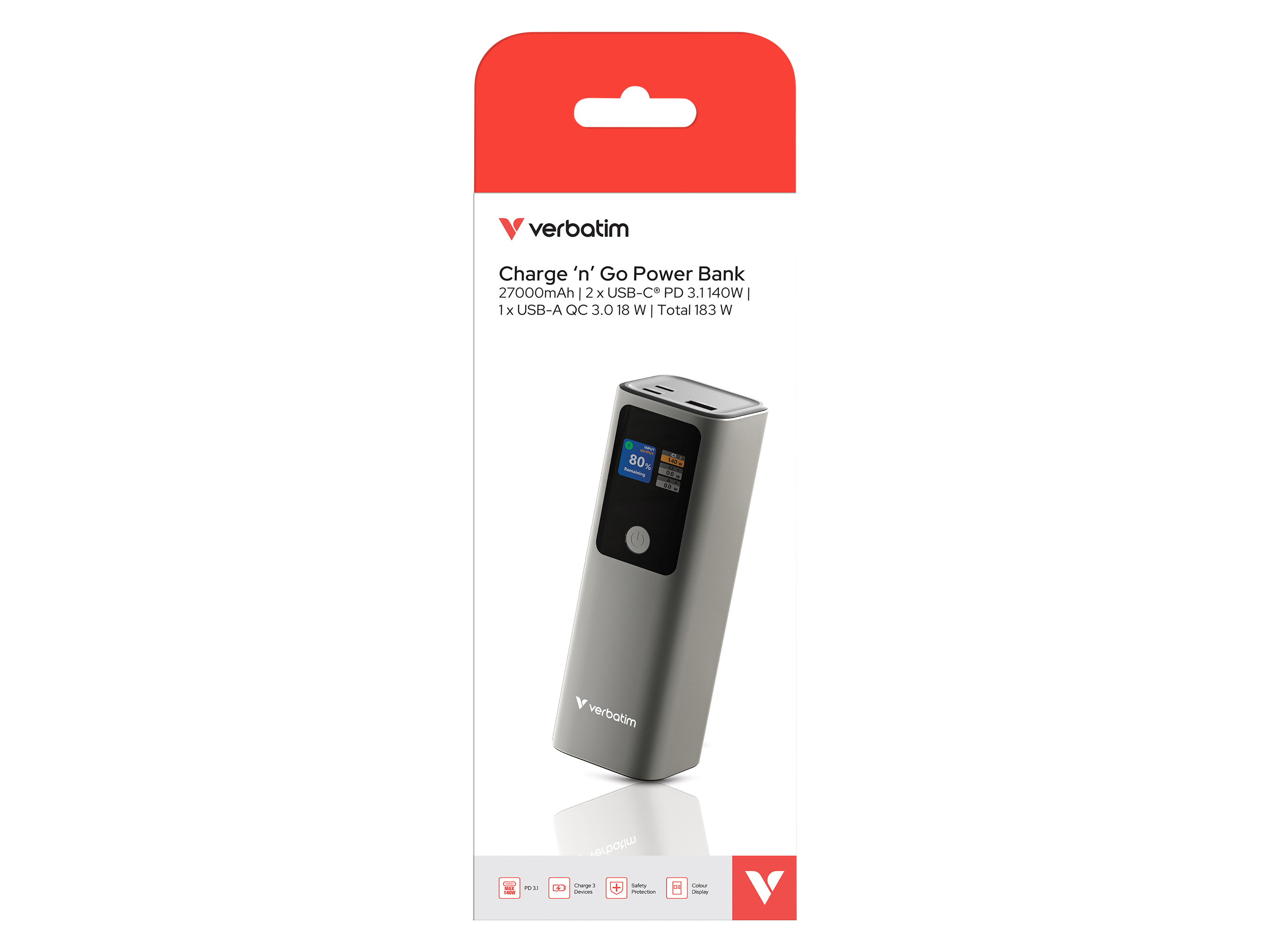 VERBATIM Powerbank, Charge'n'Go, 183 W, 27000 mAh, 1x USB-C, 1x USB-A, metall-grau