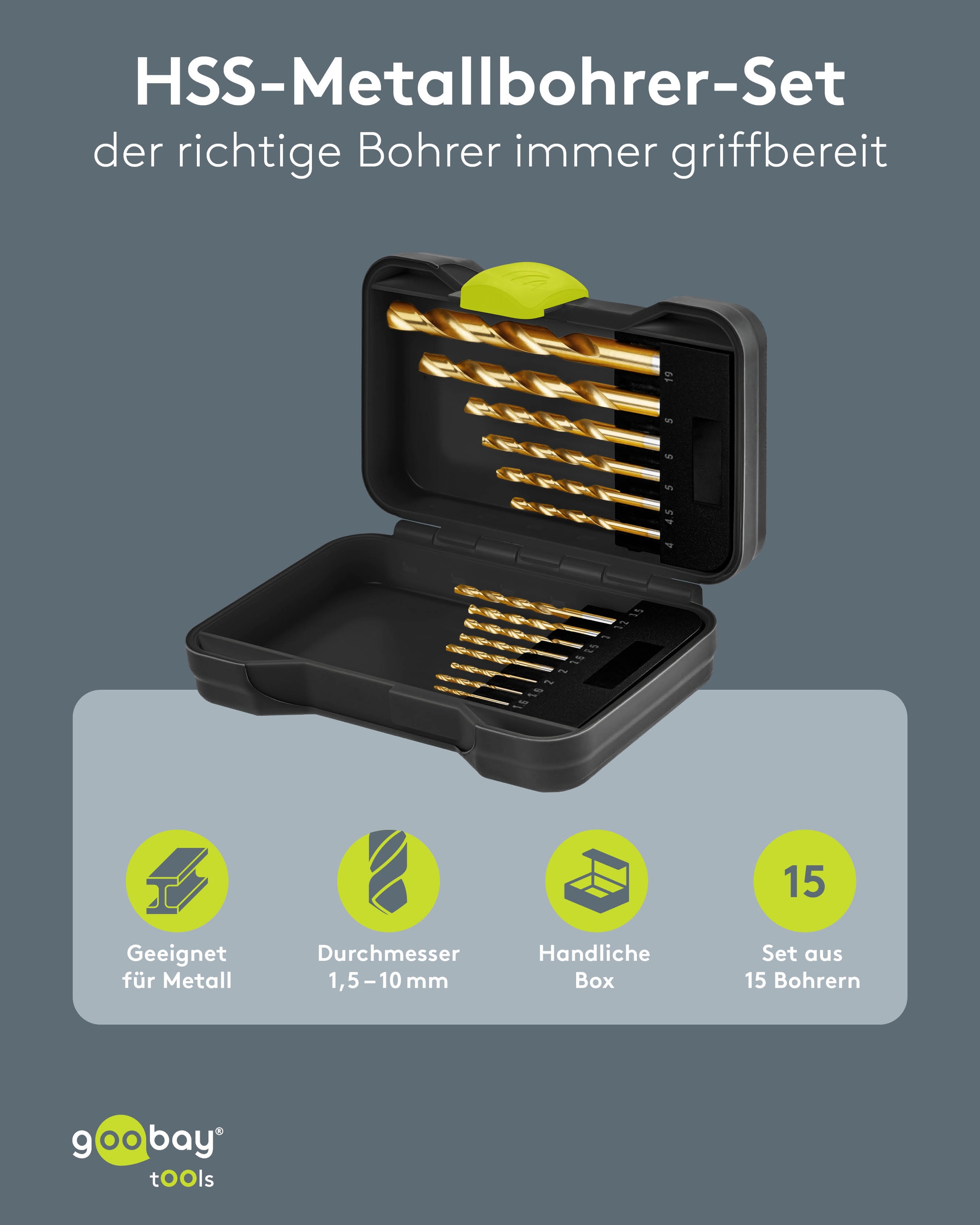GOOBAY TOOLS HSS-Metallbohrer-Set, 77850, 1,5-10 mm, 15-teilig