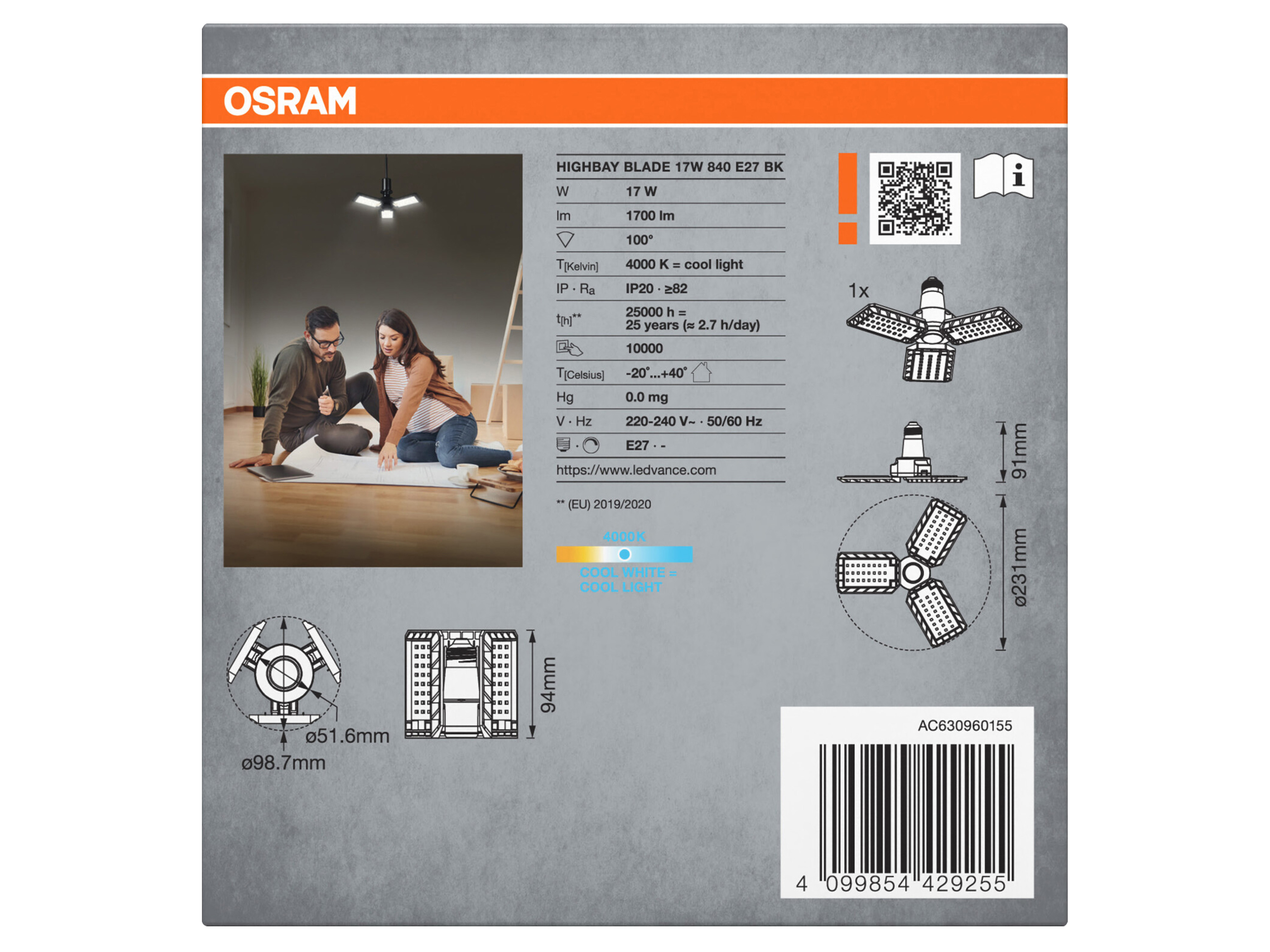 OSRAM LED-Deckenleuchte, E27, 17W, 4000K, EEK: F, IP20, 1700lm, schwarz