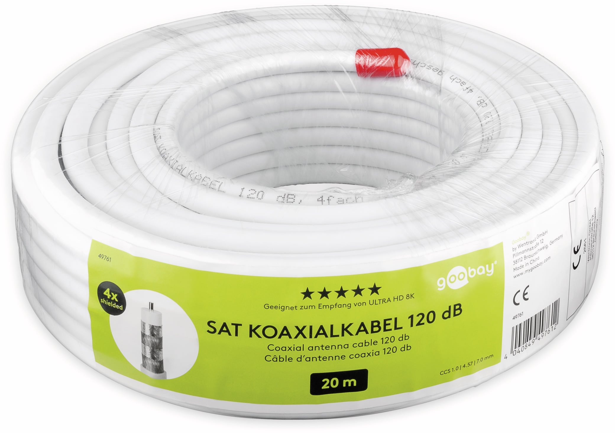 GOOBAY Koaxialkabel 49761, 20 m, weiß, 7,2 mm, CCS, 120 dB