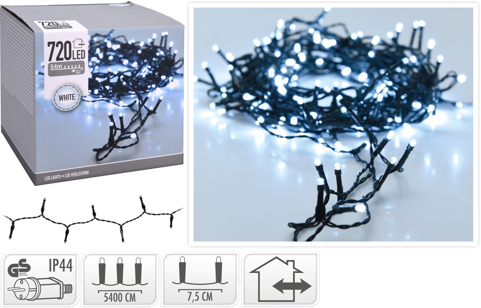 LED-Lichterkette, 720 LEDs, kaltweiß, 230 V~, grün, Innen/Außen, 57 m LED-Lichterkette, 720 LEDs, kaltweiß, 230V~, IP44, Innen/Außen