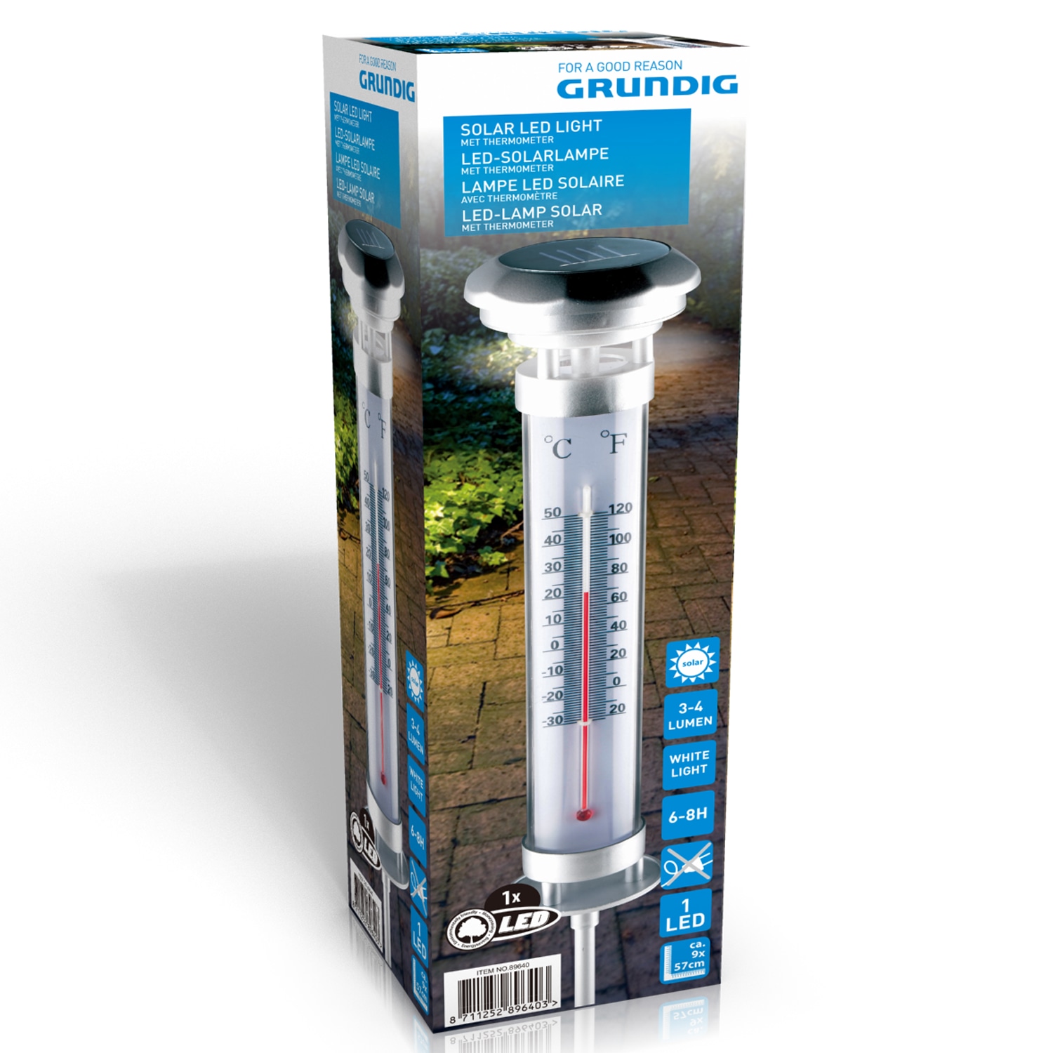 GRUNDIG Gartenthermometer mit Solarlampe, silber