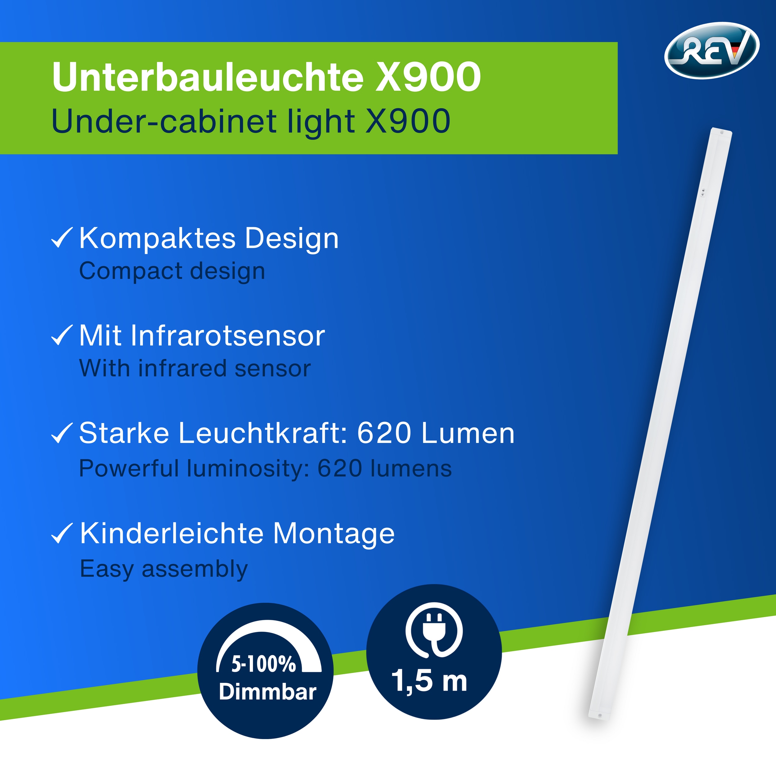 REV LED-Unterbauleuchte, 8W, 3000K, 620lm, warmweiß, IP20, 90 cm