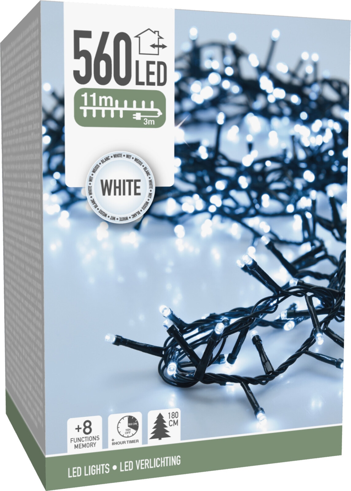 LED-Clusterlichterkette, 560 LEDs, kaltweiß, 230 V~, grün, Innen/Außen, 14 m, Timer LED-Clusterlichterkette kaltweiß, 560 LEDs, grünes Kabel, Innen/Außen, 14 m
