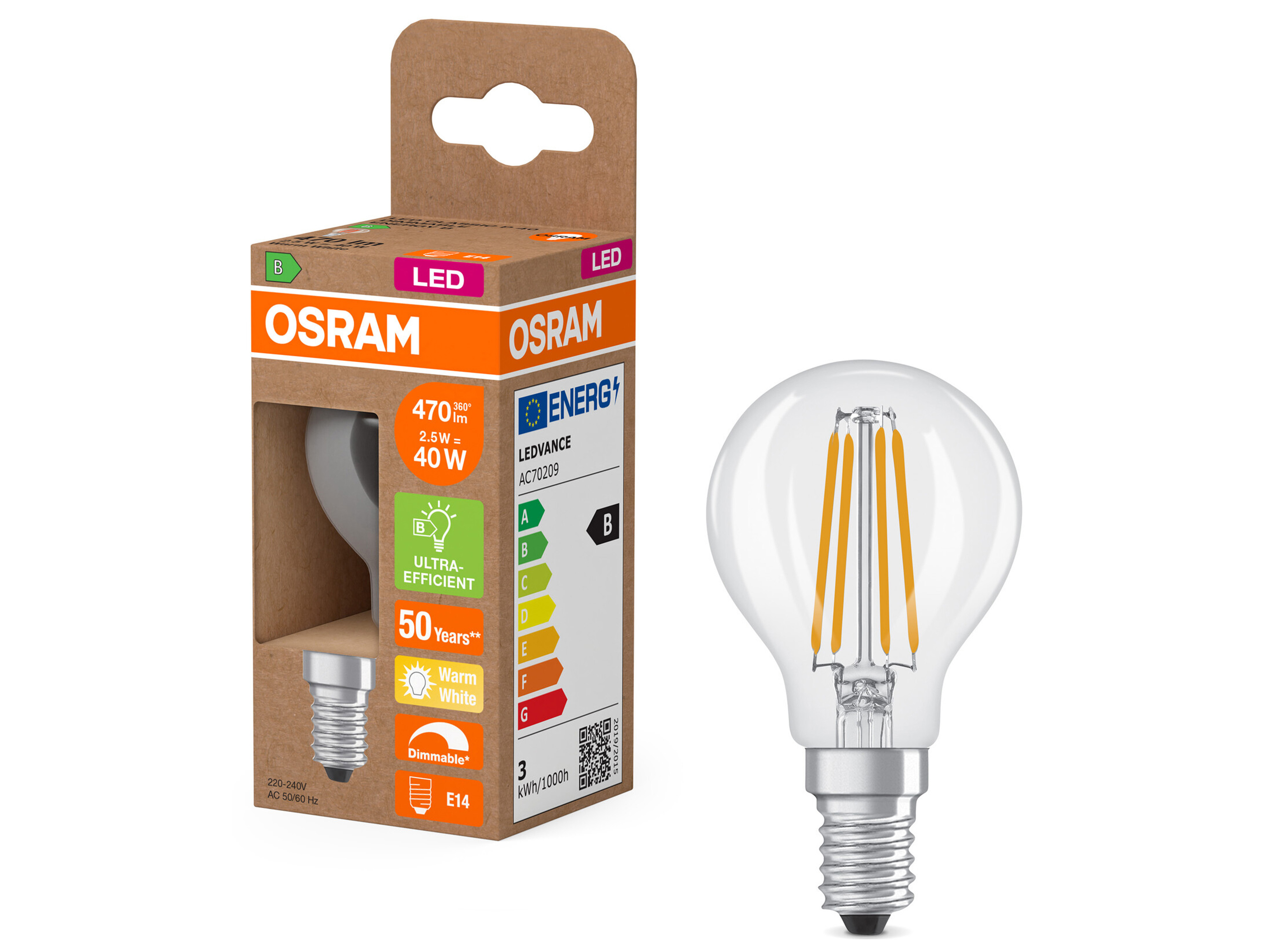 OSRAM LED-Lampe Classic, dimmbar, E27, 2,5 W, 2700 K, EEK: B, 470 lm, IP20, warmweiß