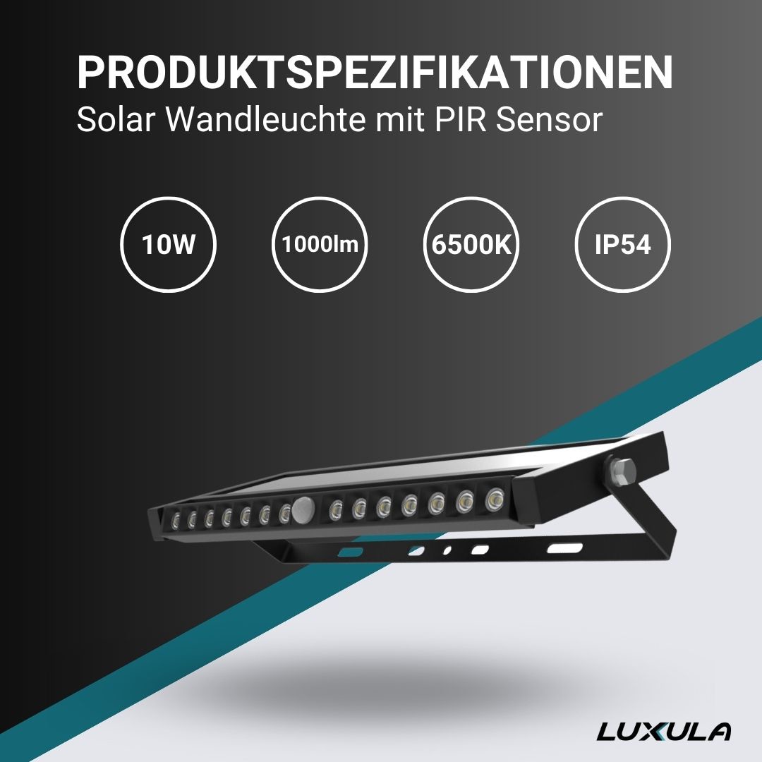 LUXULA Solar LED-Wandleuchte, 10 W, 1000 lm, PIR-Sensor, schwenkbar