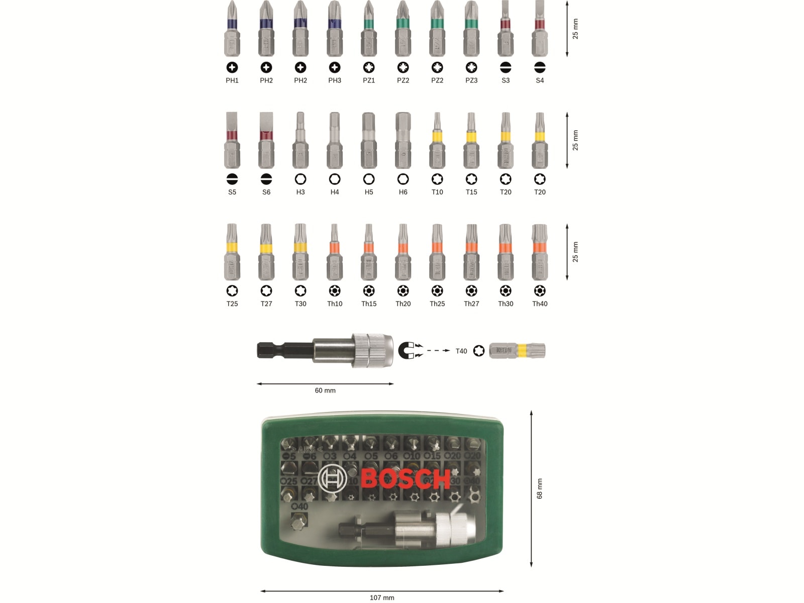 BOSCH Schrauberbit-Set, 32-teilig mit Farbcodierung