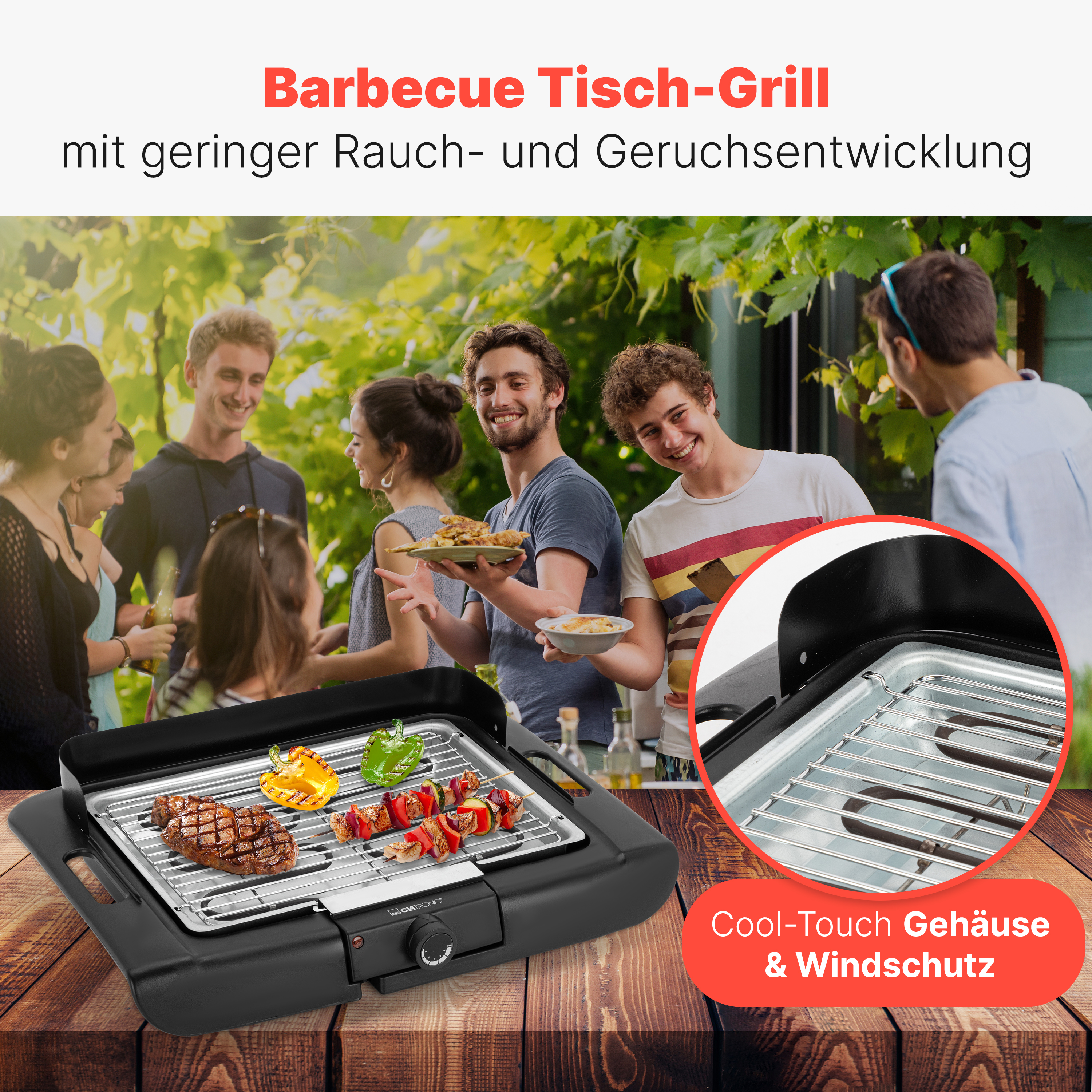 CLATRONIC Barbecue-Tischgrill BQ 3841, Elektrogrill, Schwarz, 2000 W