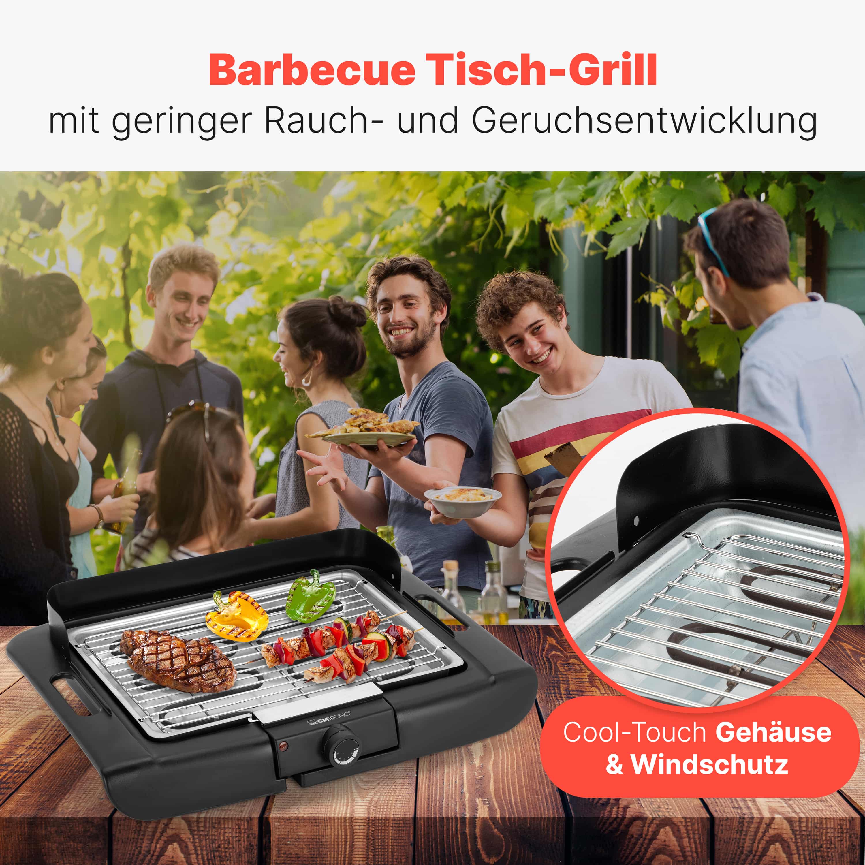 CLATRONIC Barbecue-Tischgrill BQ 3841, Elektrogrill, Schwarz, 2000 W
