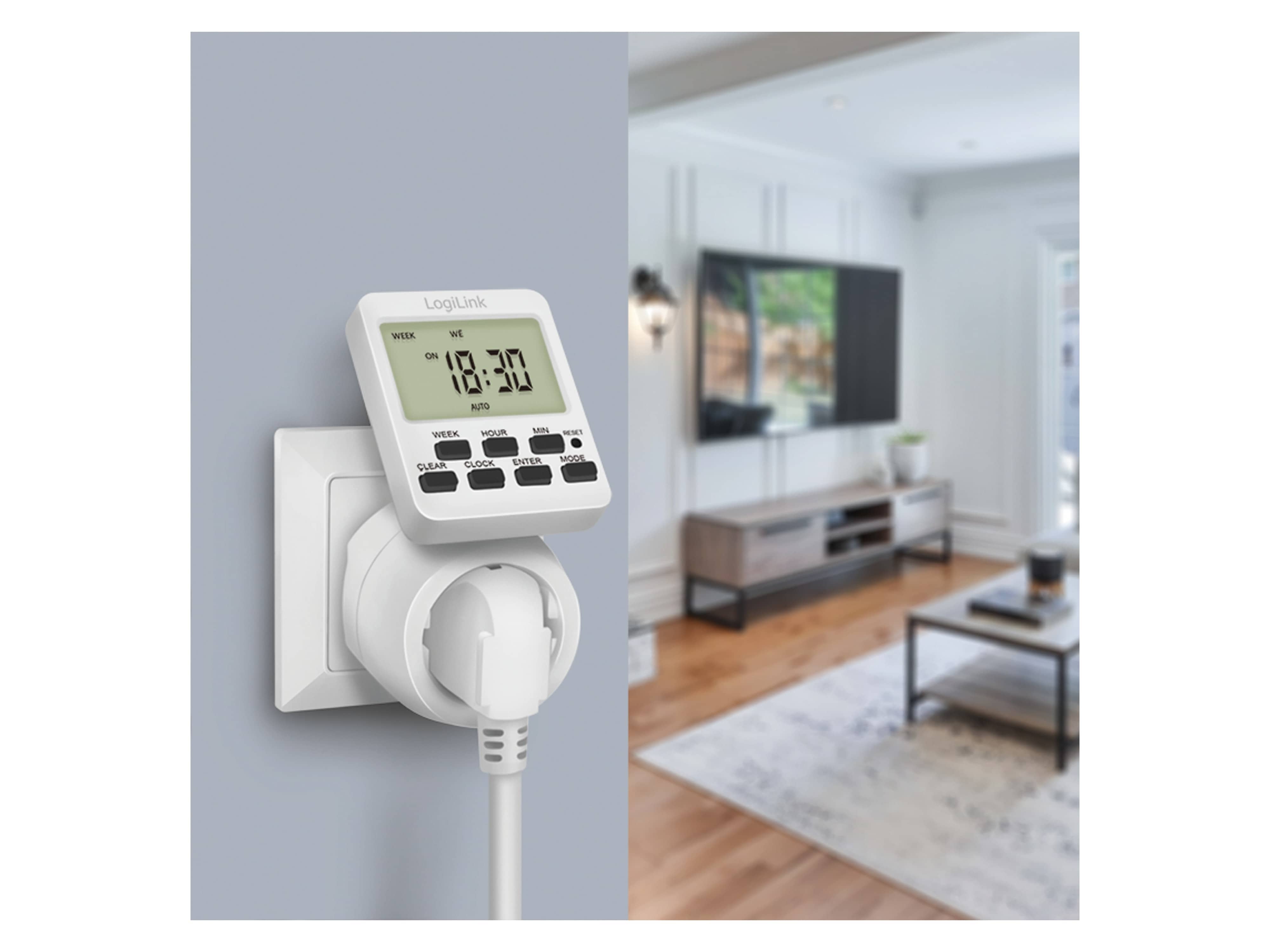 LOGILINK Digitale Zeitschaltuhr ET0014, mit 180° drehbarem Display, weiß