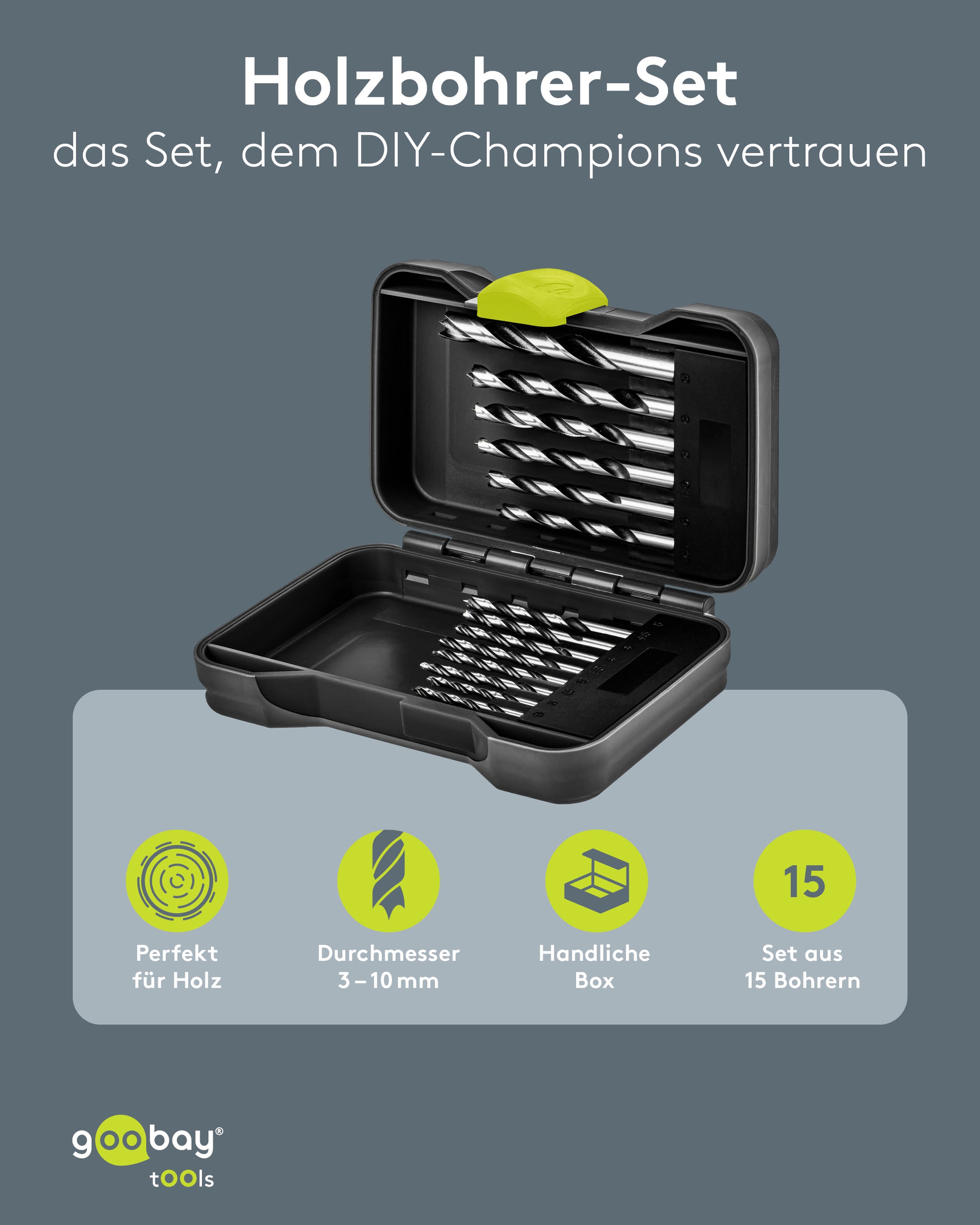 GOOBAY TOOLS Holzbohrer-Set, 77847, 3-10 mm, 15-teilig