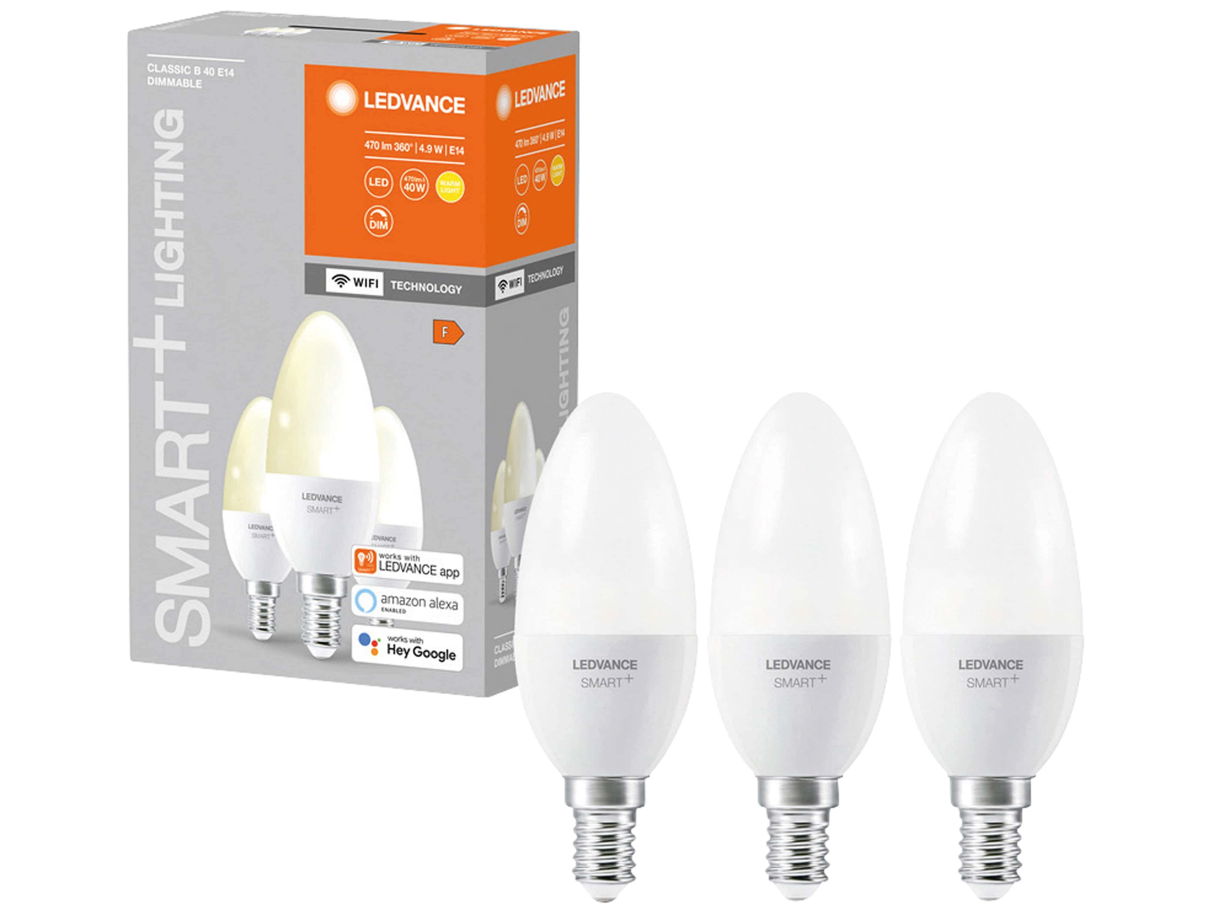 LEDVANCE LED-Lampe SMART+ WiFi Candle, B40, E14, EEK: F, 4,9 W, 470 lm, 2700 K, Smart, 3 Stück