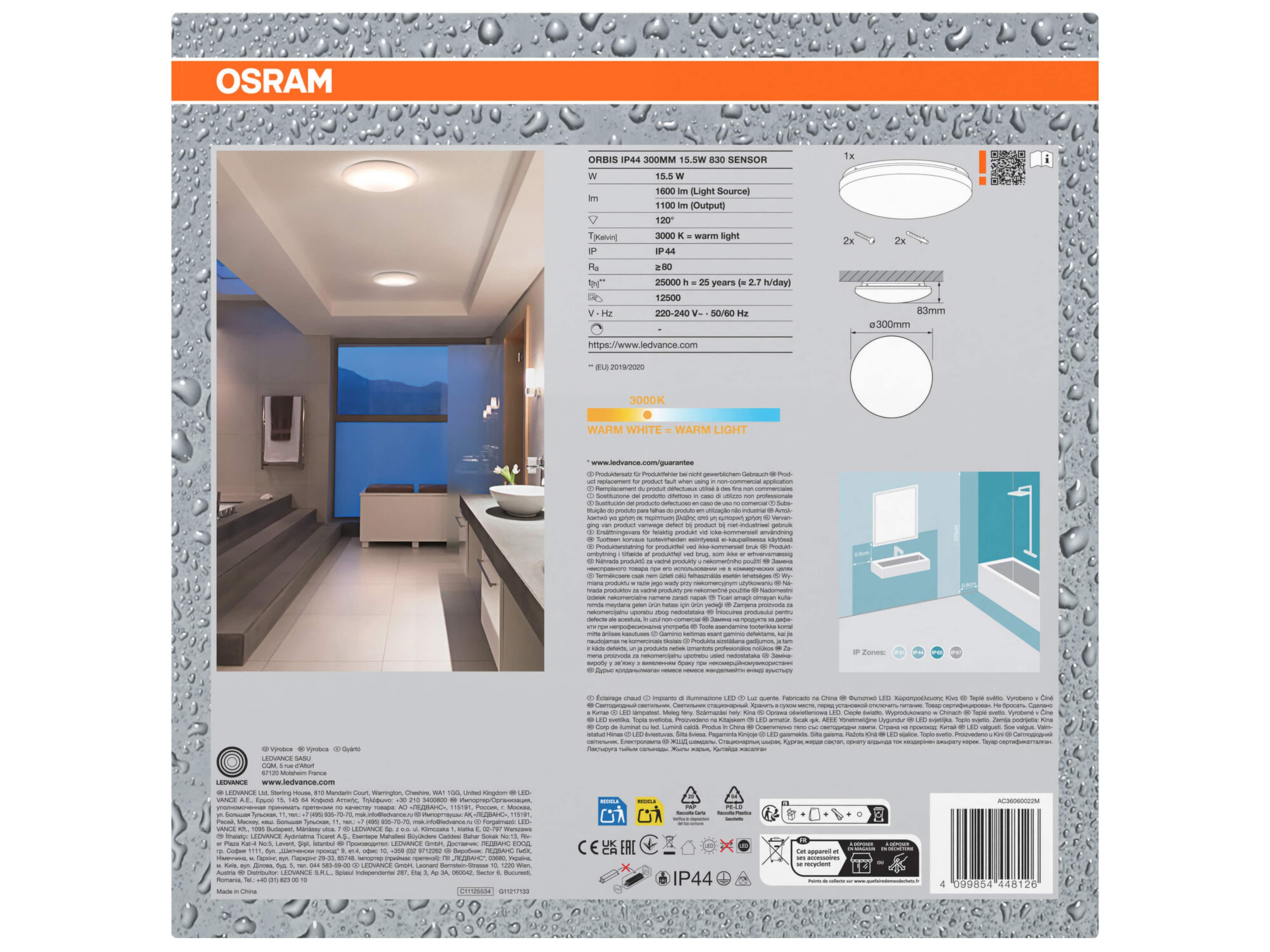 OSRAM LED-Deckenleuchte mit Sensor, 15,5 W, 1100 lm, 3000 K, IP44, Ø 0,3 m OSRAM LED-Deckenleuchte mit Sensor, 15,5 W, 1100 lm, 3000 K, IP44, Ø 0,3 m