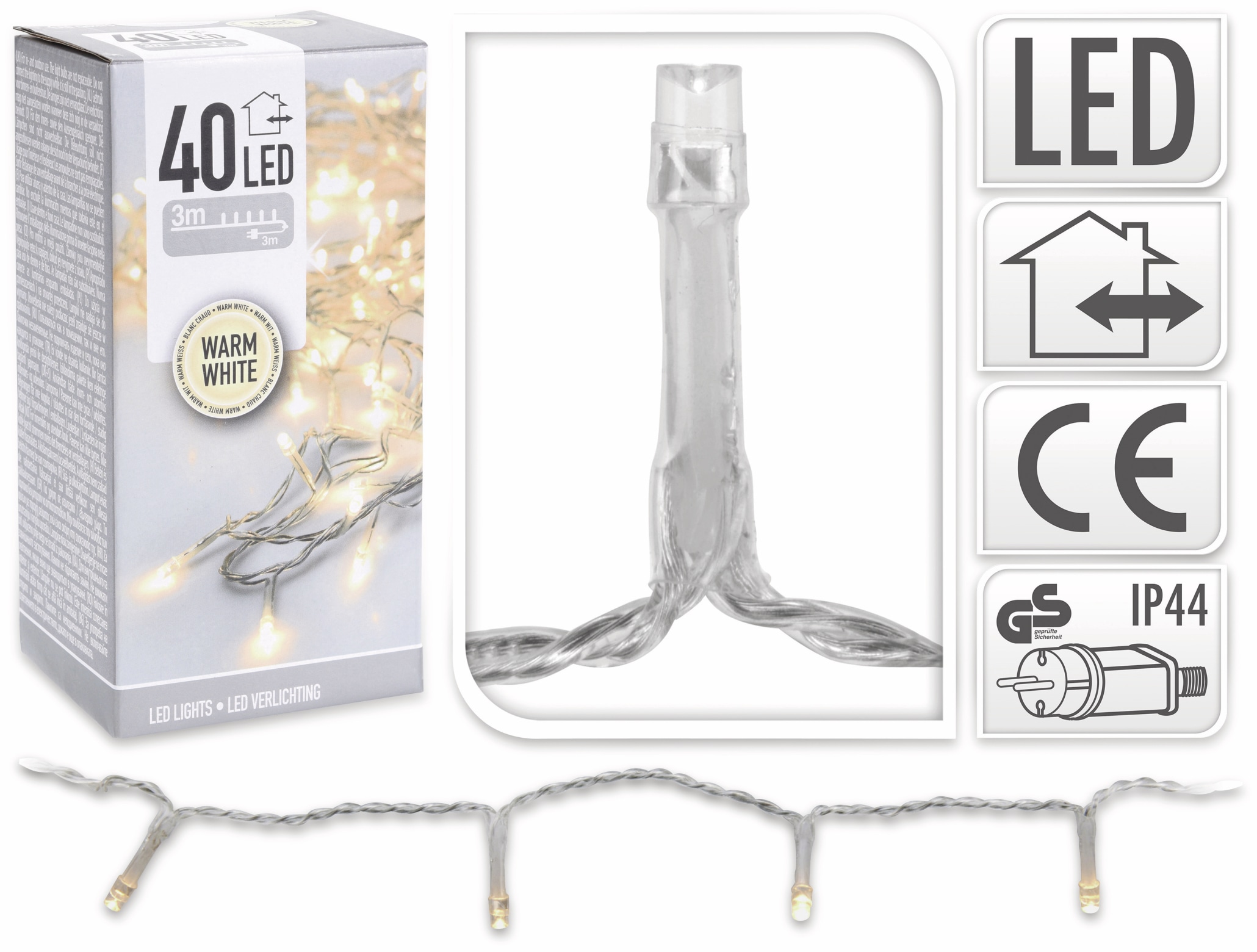 LED-Lichterkette, 40 LEDs, warmweiß, 230 V~, silber / transparent, Innen/Außen, 6 m