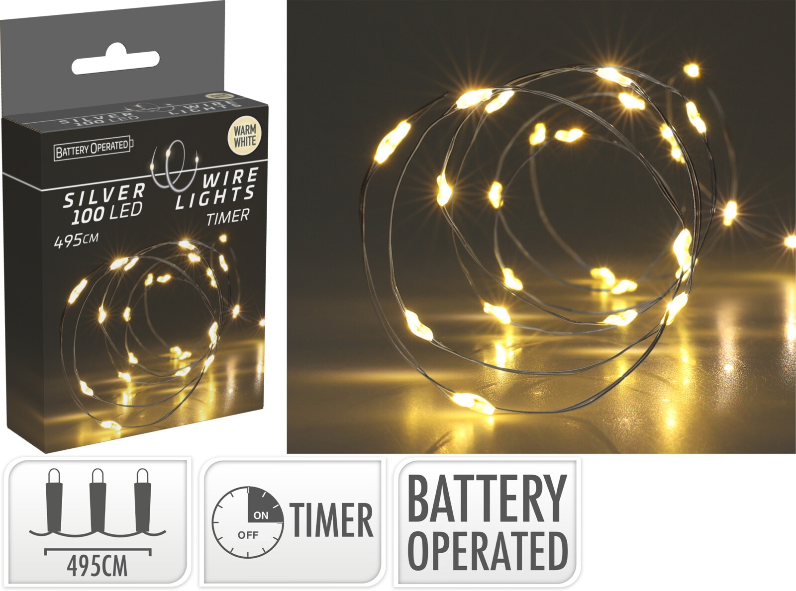 LED-Silberdrahtlichterkette, 100 LEDs, warmweiß, Batterie, Innen, 5 m, Timer LED-Lichterkette, Silberdraht, 100 LEDs, warmweiß, Batteriebetrieb, Timer
