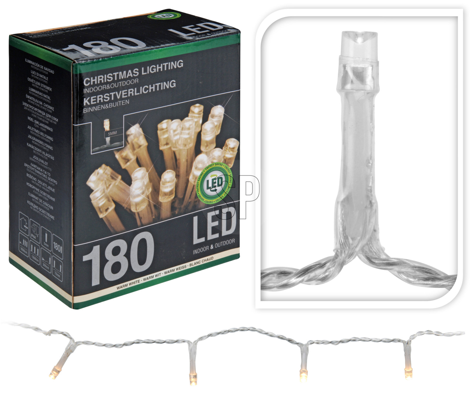 LED-Lichterkette, 180 LEDs, warmweiß, 230V~, IP44, Innen/Außen, silber/transparent