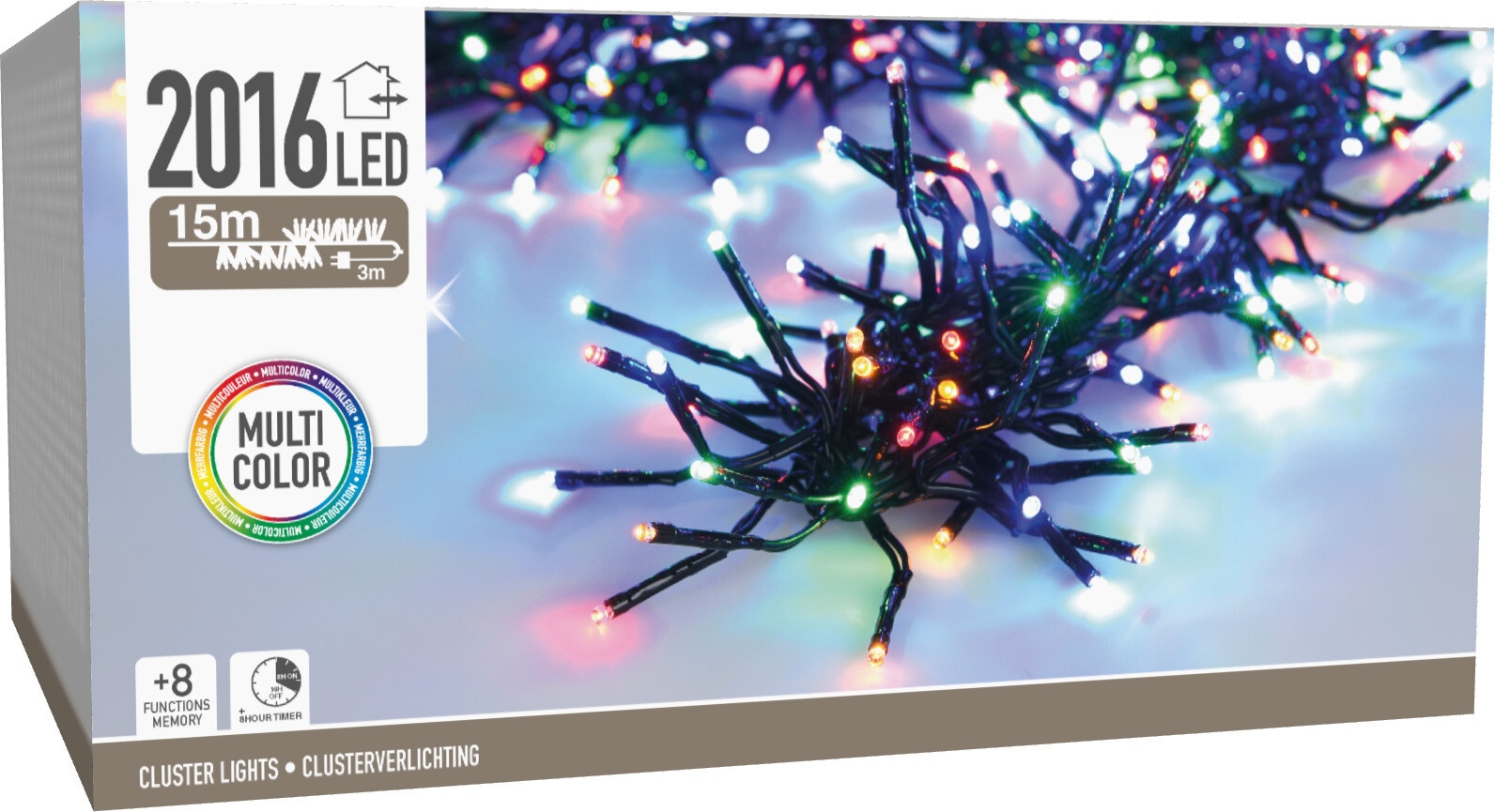 LED-Clusterlichterkette, 2016 LEDs, bunt, 230 V~, schwarz, Innen/Außen, 17,6 m, Timer LED-Clusterlichterkette bunt, 2016 LEDs, schwarzes Kabel, Innen/Außen, 18 m