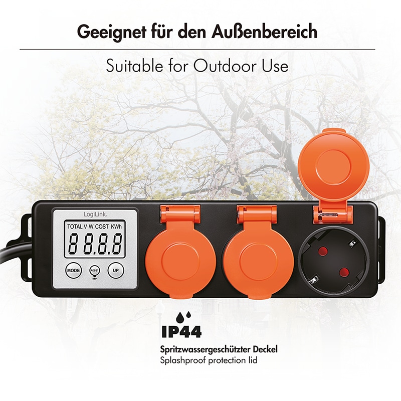 LOGILINK Außensteckdose mit Energiekostenmesser, 2,0"-LCD, Schutzklappe, 3-Fach
