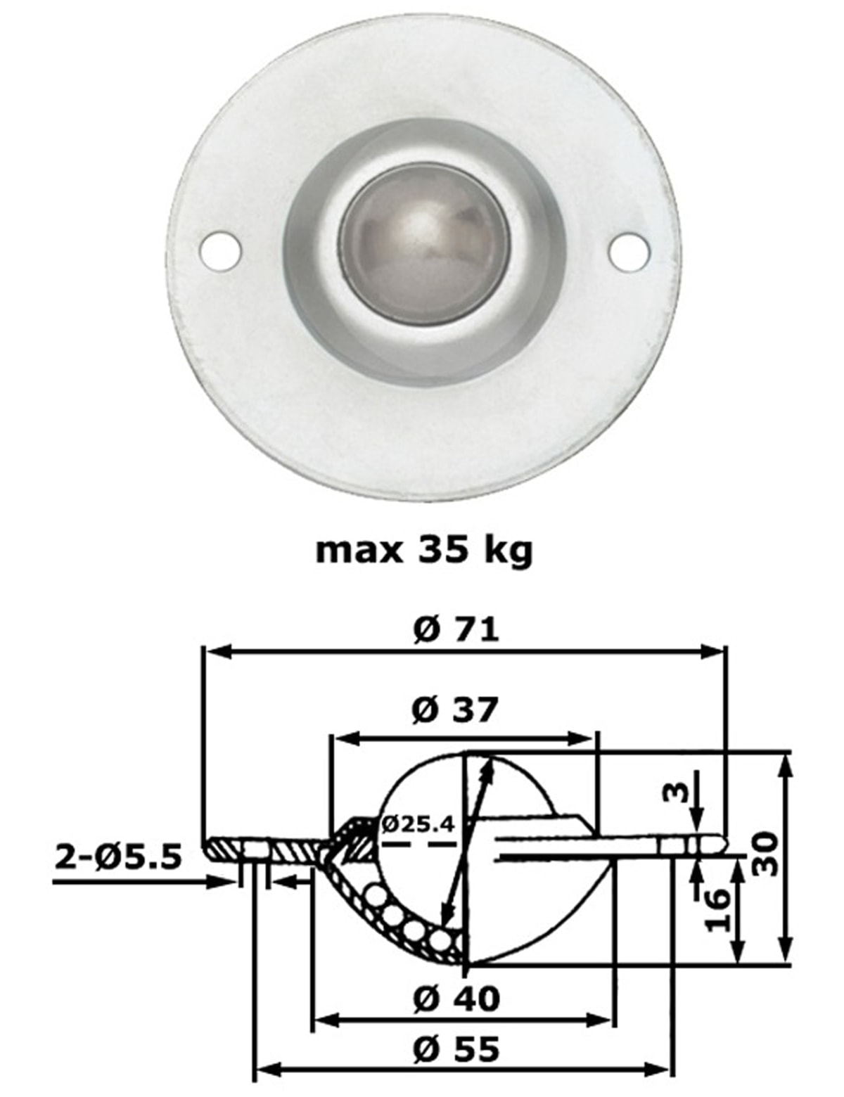 Kugelrolle, 71x28 mm, 35 kg, Stahl