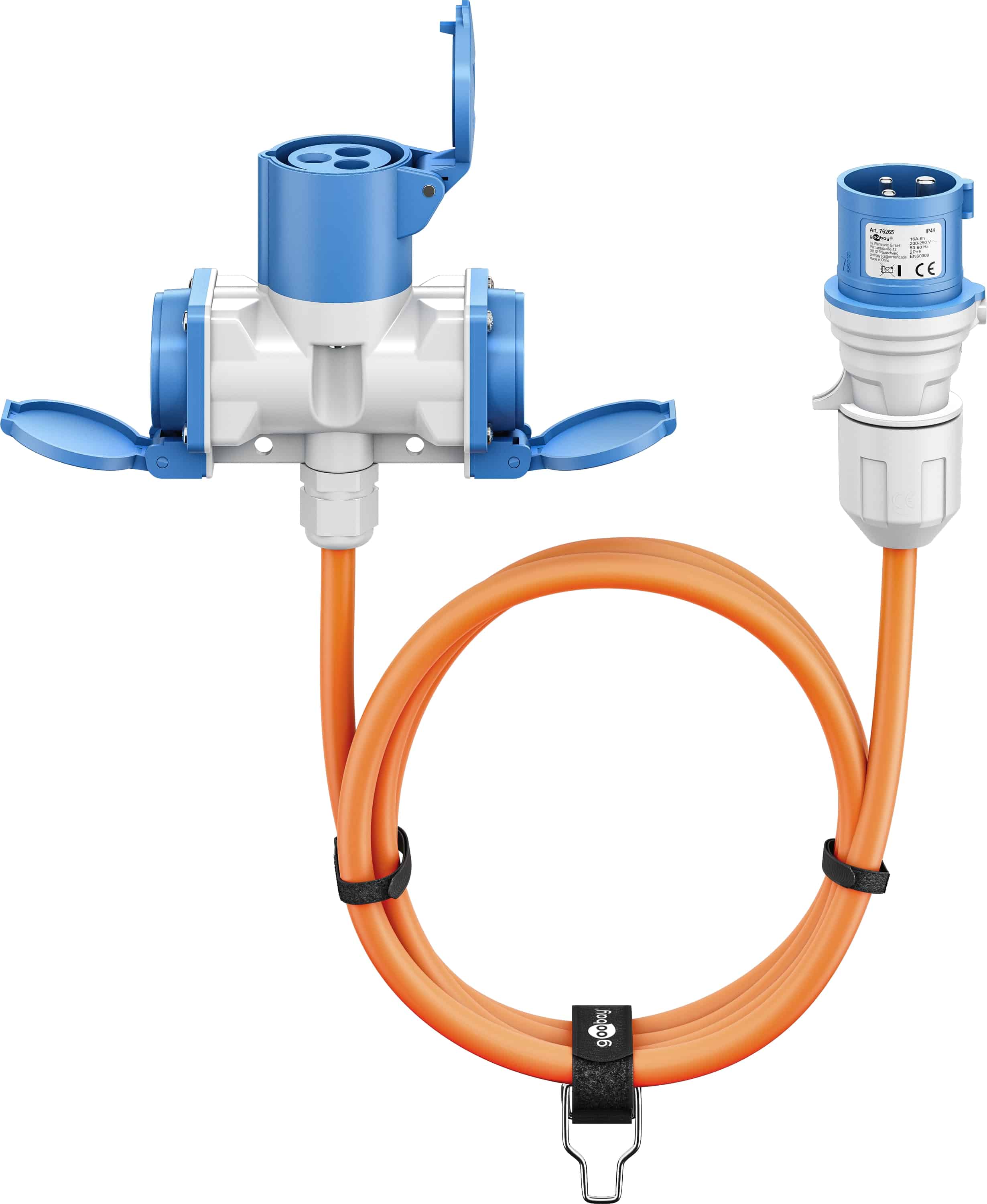 GOOBAY CEE-Adapterkabel 76266, 10 m, Stecker zu Kupplung + 2x Schutzkontaktkupplung