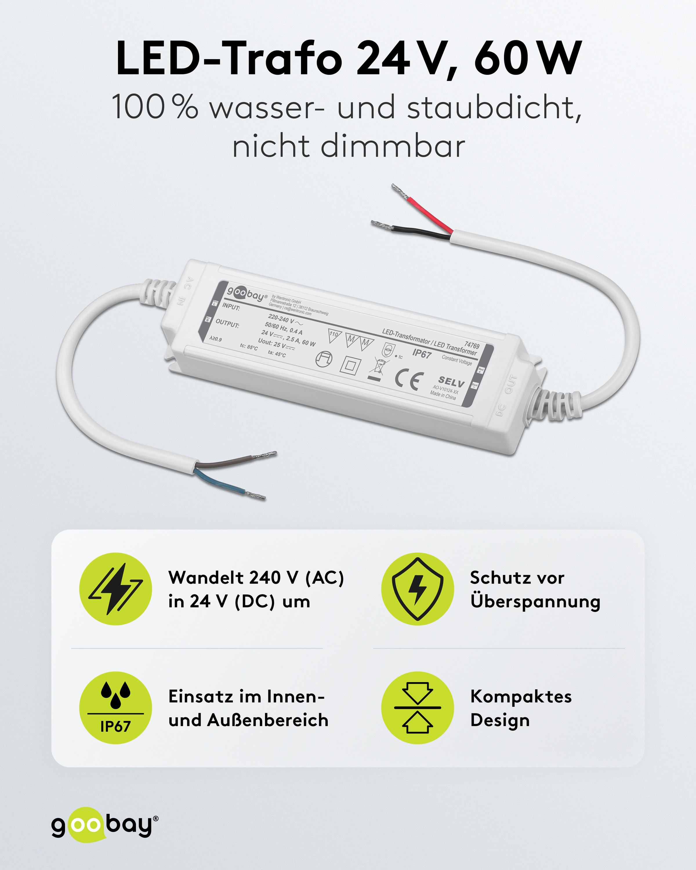 Wetterfester LED-Trafo GOOBAY 24V DC, 60W, 4.16 A, IP67