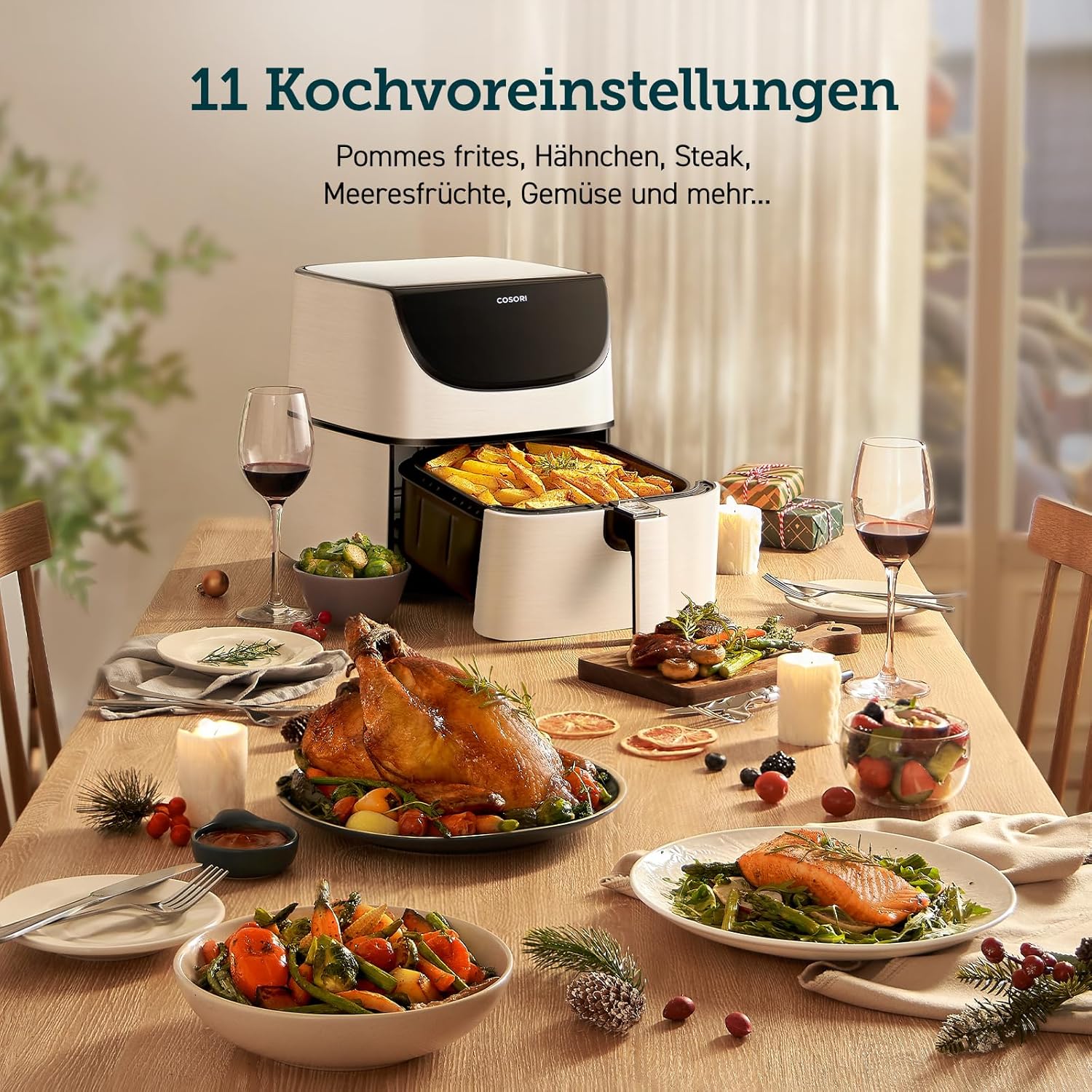 COSORI Heißluftfritteuse CP158-AF-RXW, 5,5 l, 1700 W, weiß, 11 Automatikprogramme, Touch-Display, spülmaschinenfest, BPA-frei