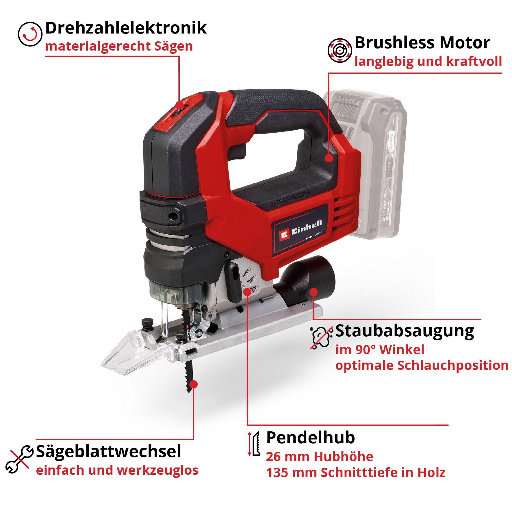 EINHELL PROFESSIONAL Akku-Stichsäge TP-JS 18/135 Li BL-Solo + E-Box Koffer S-F