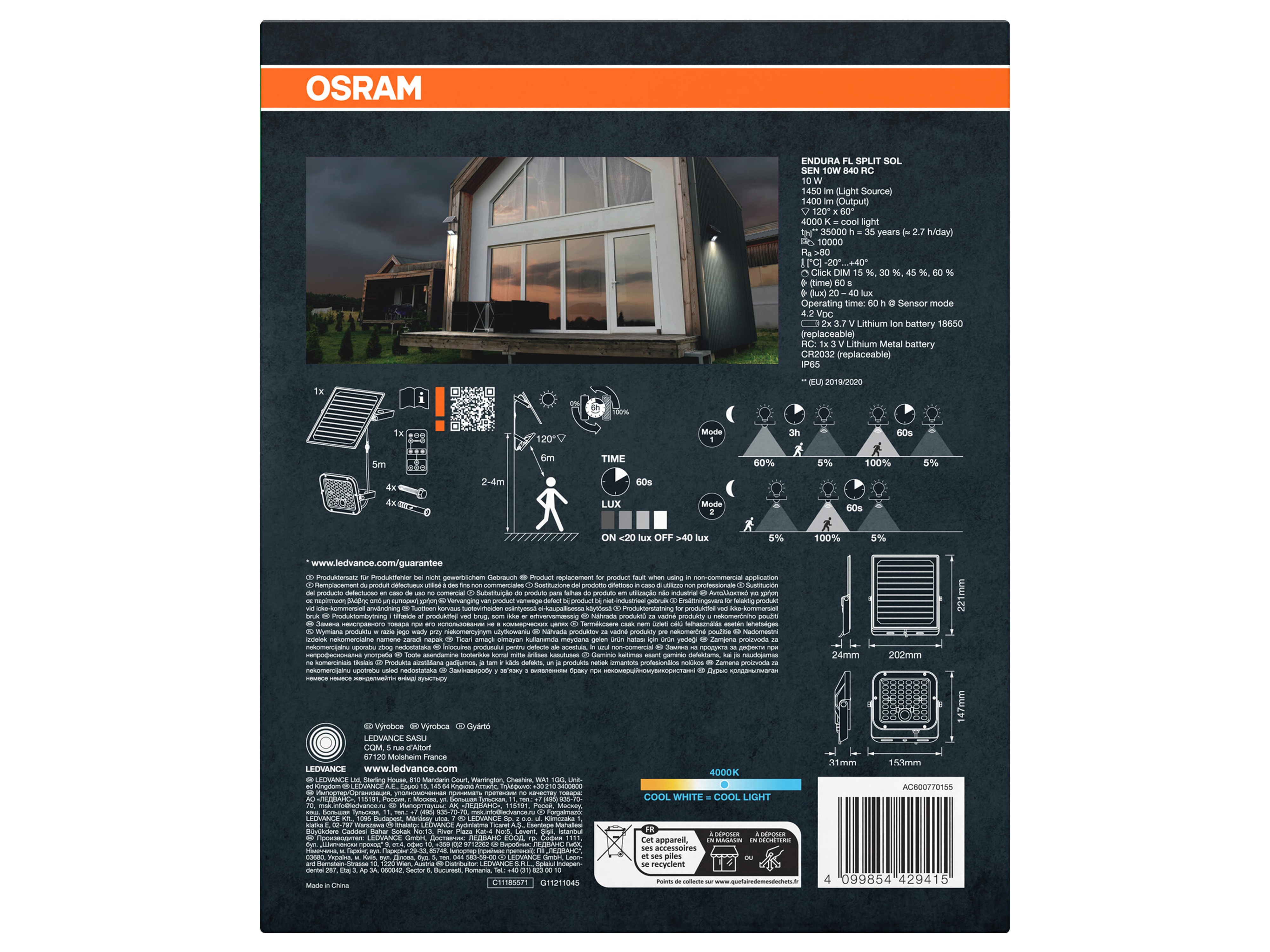 OSRAM Solar LED-Fluter, 10W, 1400lm, 4000K, schwarz