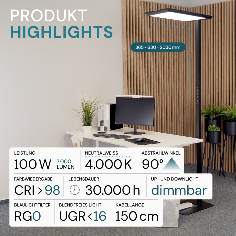 LUXULA LED-Büro-Stehleuchte, Up/Down, 100W, 4000K, EEK: F, 7000lm, IP20, dimmbar, schwarz