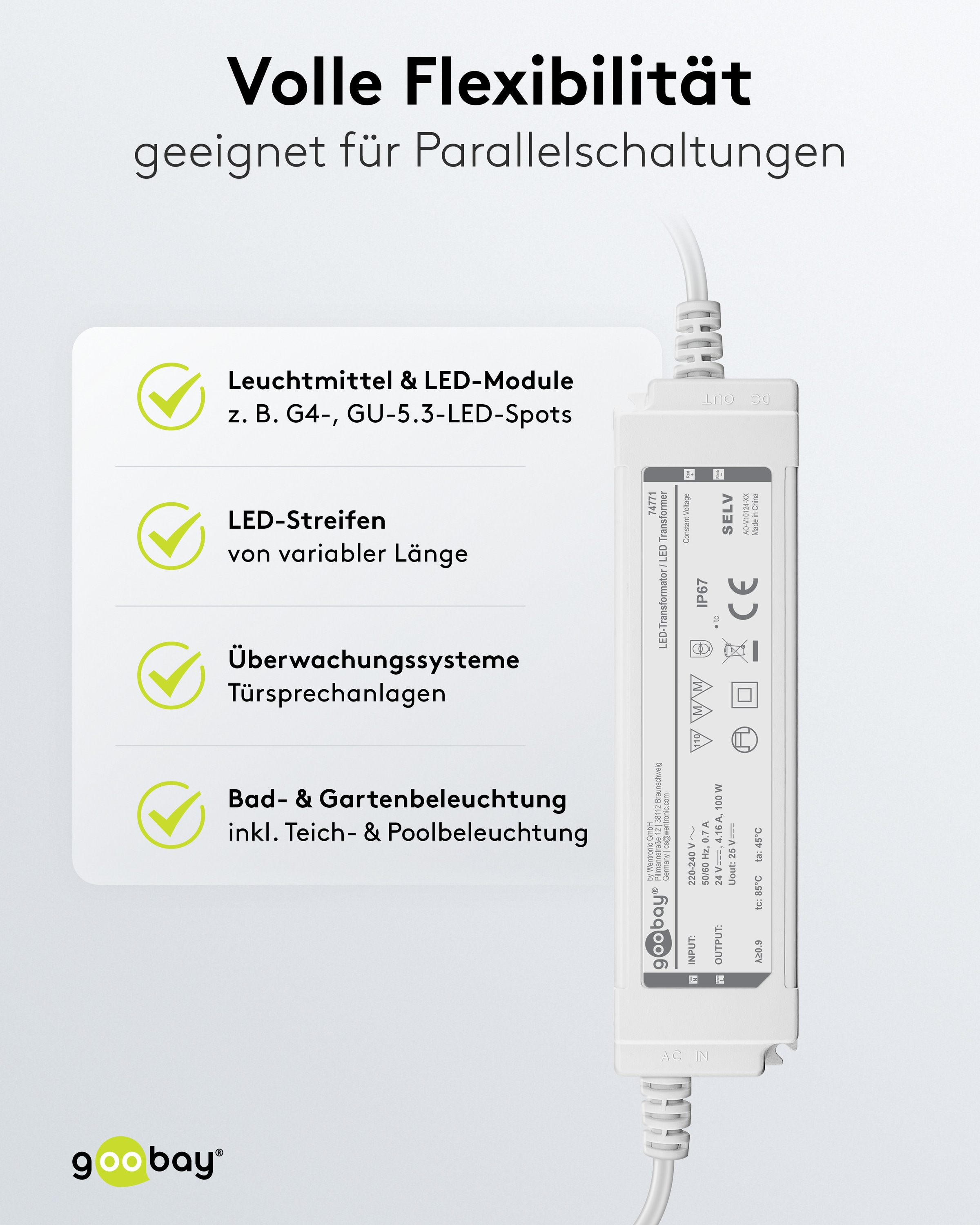 Wetterfester LED-Trafo GOOBAY 24V DC, 100W, 4.16 A, IP67