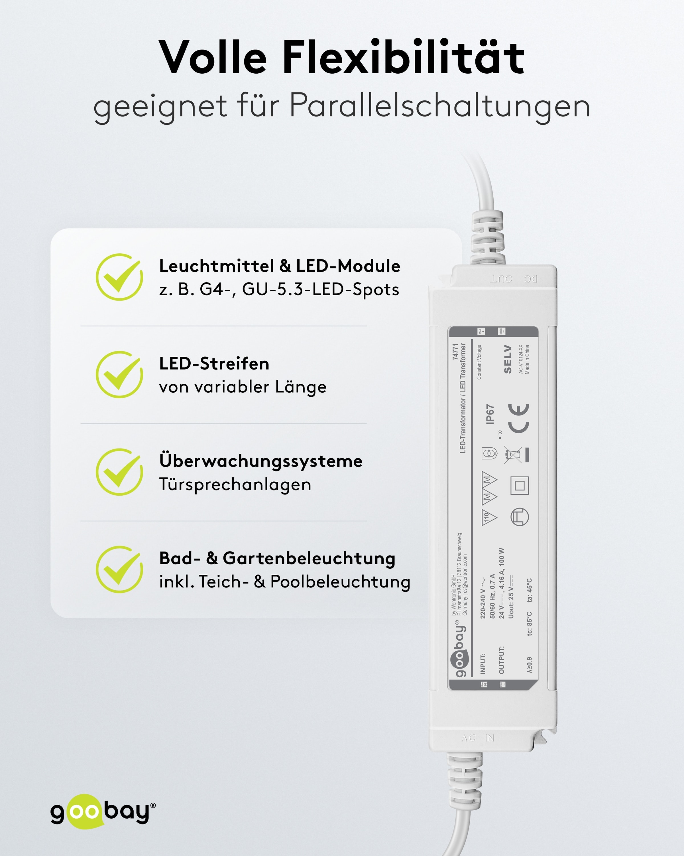 Wetterfester LED-Trafo GOOBAY 24V DC, 100W, 4.16 A, IP67