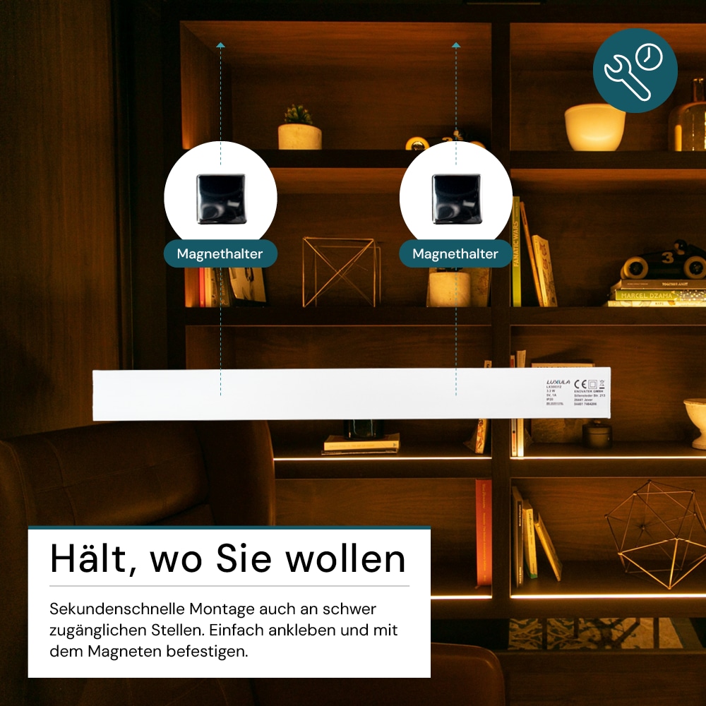 LUXULA LED-Schrankleuchte mit Bewegungsmelder, 3,3W, 1250lm, CCT, IP20, silber, 40cm