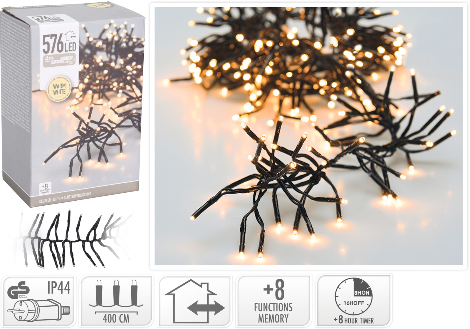 KOOPMAN LED-Clusterlichterkette Büschel warmweiß, 576 LEDs, sw Kabel, Innen/Außen, 7m