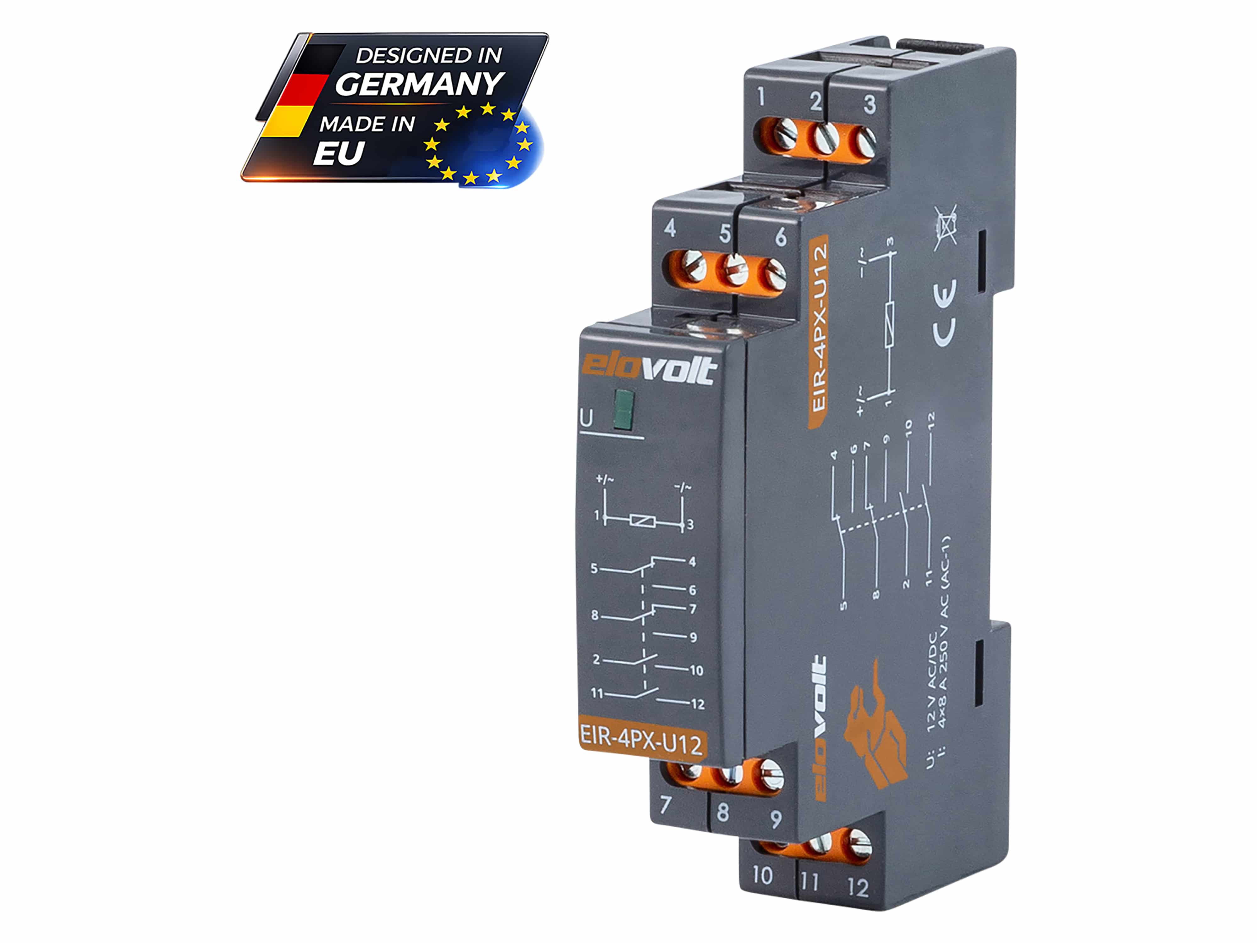 ELOVOLT Schaltrelais EIR-4PX-U12, 4x 8 A, 12 V, 2 Schliesser + 2 Wechsler