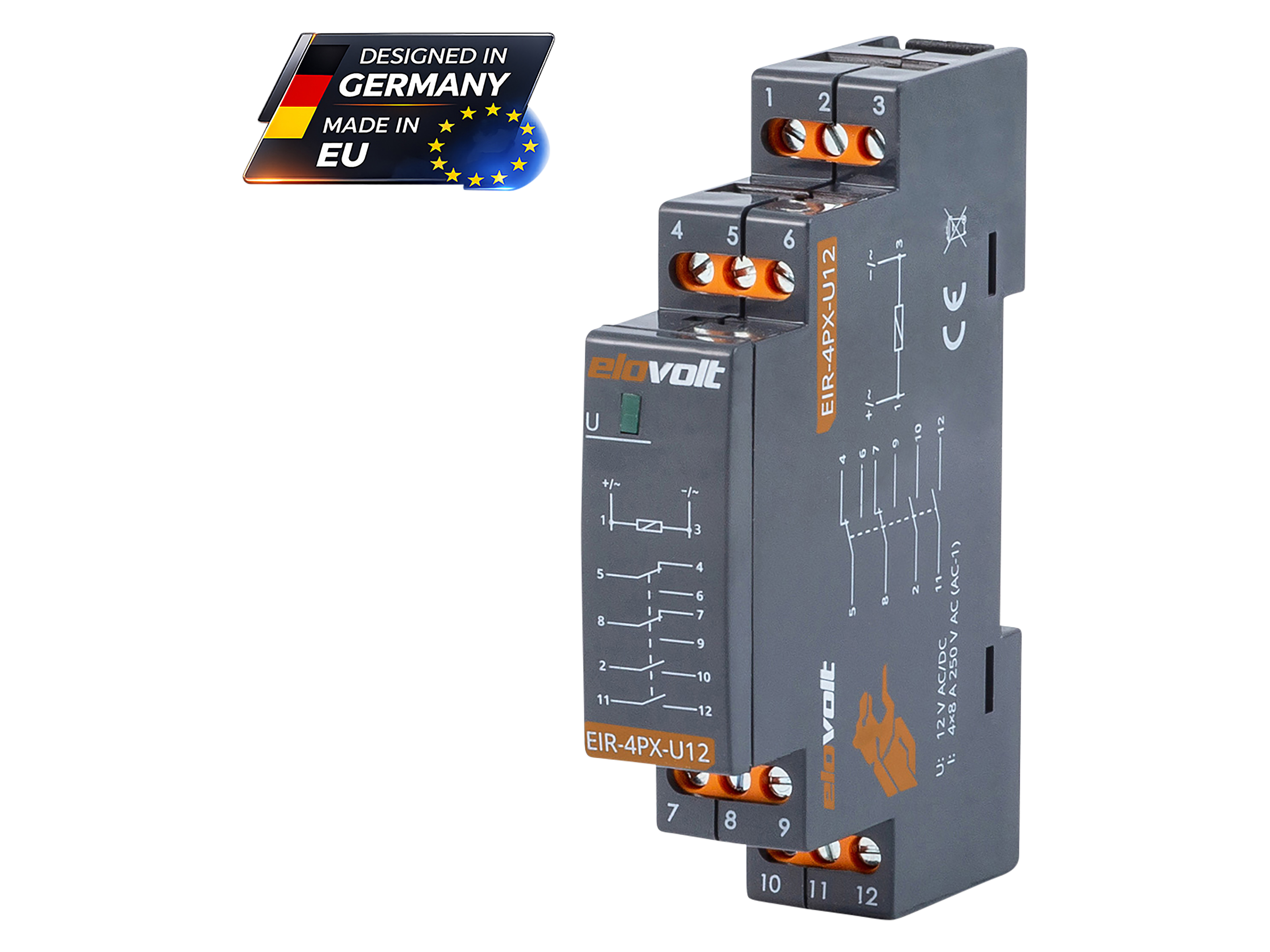 ELOVOLT Schaltrelais EIR-4PX-U12, 4x 8 A, 12 V, 2 Schliesser + 2 Wechsler ELOVOLT Schaltrelais EIR-4PX-U12, 4x 8 A, 12 V, 2 Schliesser + 2 Wechsler