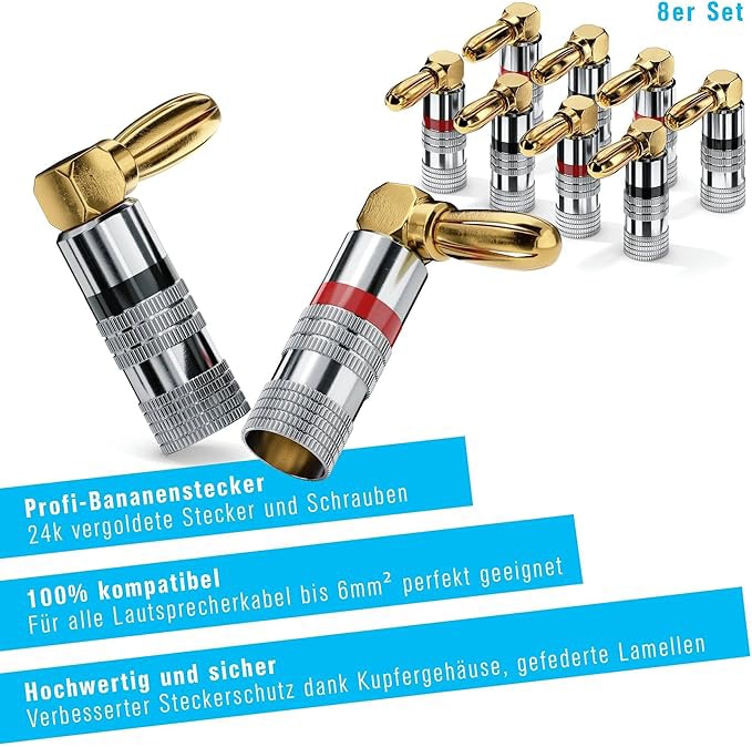 Bananenstecker SONERO S-SC090-08, gewinkelt 90° vergoldet 8er Set