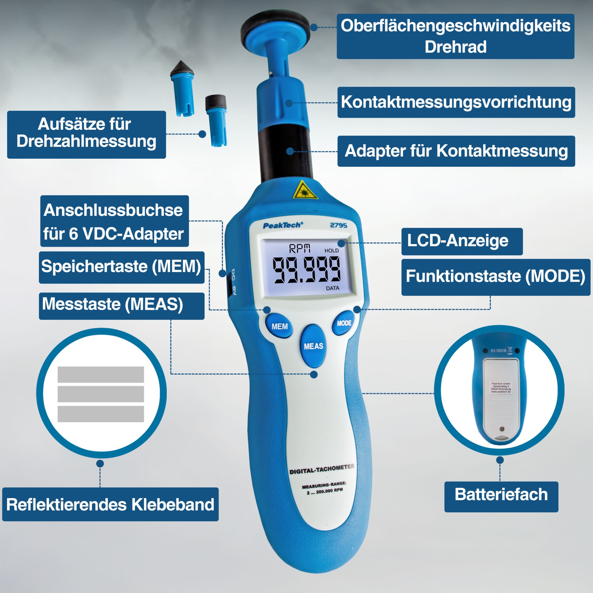 PEAKTECH Drehzahlmessgerät P 2795, Photo-Kontakt-Typ mit Laser