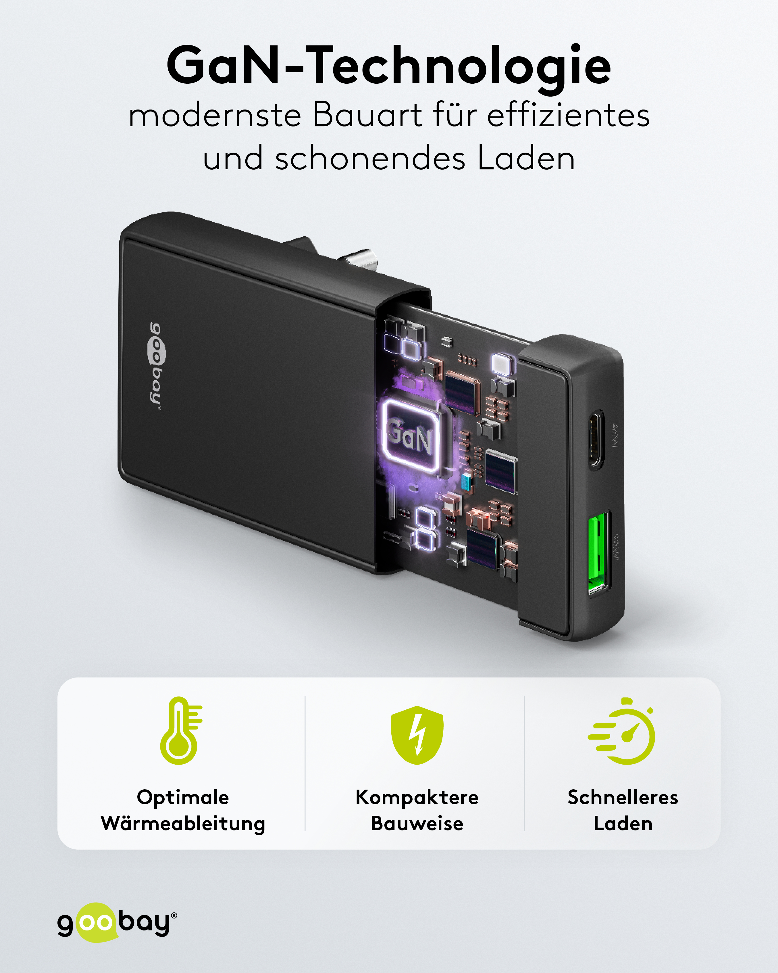 GOOBAY Dual-Schnellladegerät, 45W, 1x USB-C, 1x USB-A, 90° abgewickelt, flach, schwarz
