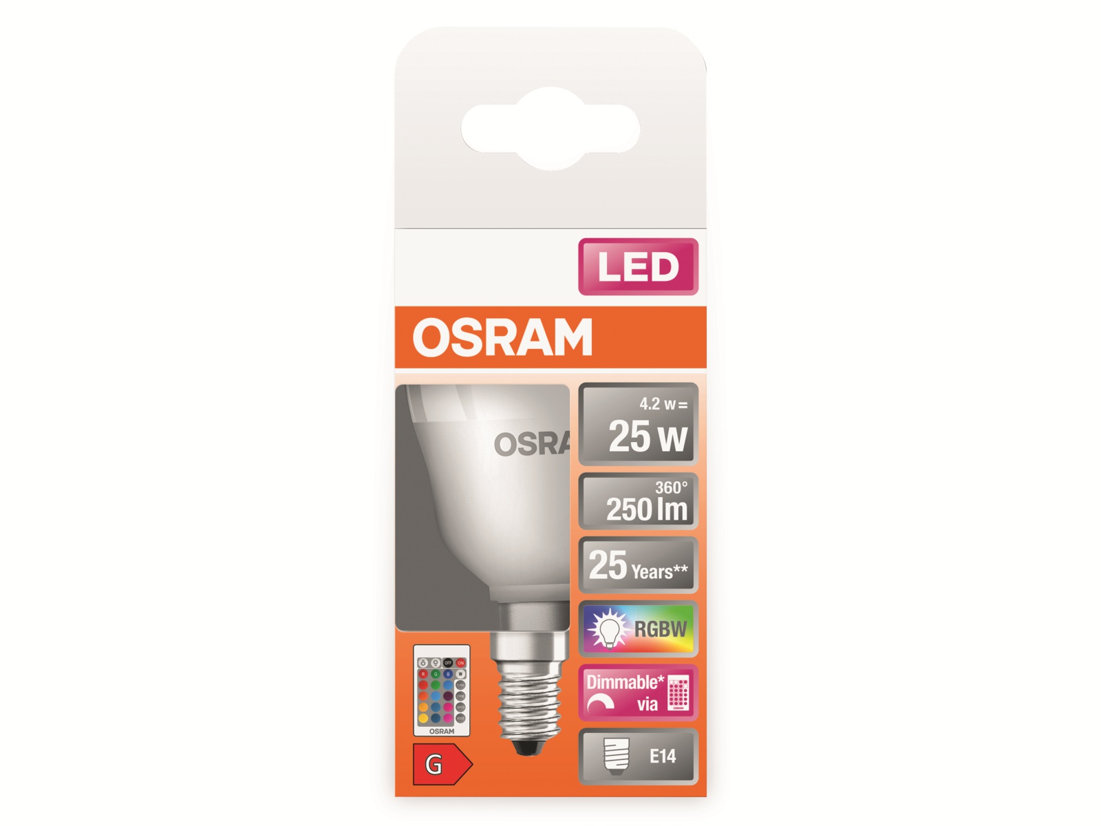 OSRAM LED-Lampe P25 mit Fernbedienung, E14, EEK: G, 4,2 W, 250 lm, 2700 K OSRAM LED-Lampe P25 mit Fernbedienung, E14, EEK: G, 4,2 W, 250 lm, 2700 K