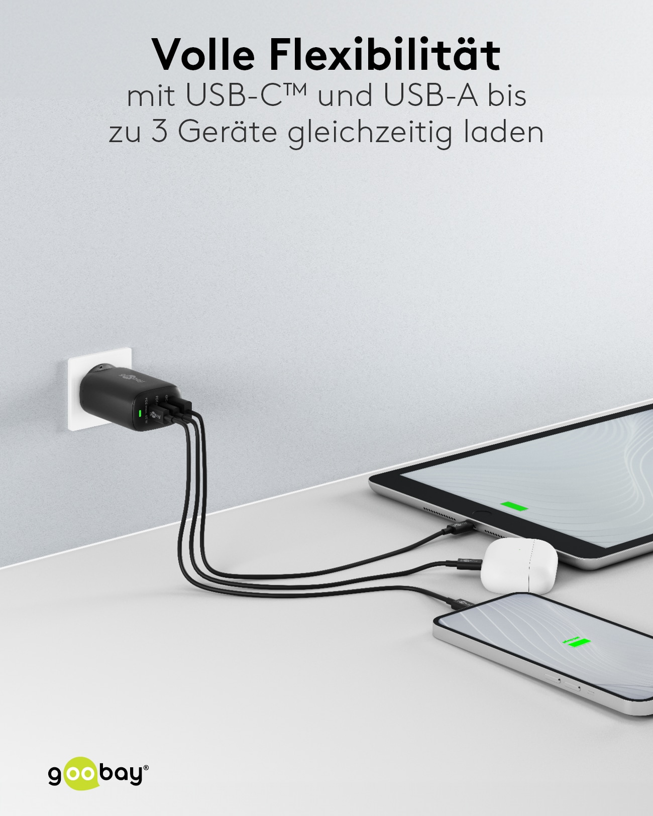 GOOBAY USB-Lader 65407, 65 W, 3-fach, 2xC PD, 1xA QC GaN, schwarz GOOBAY USB-Lader 65407, 65 W, 3-fach, 2xC PD, 1xA QC GaN, schwarz