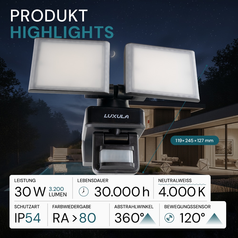 LUXULA LED-Fluter LX400192, mit BM, 2-köpfig, 2x 15 W, 3200 lm, 4000 K LUXULA LED-Fluter LX400192, mit BM, 2-köpfig, 2x 15 W, 3200 lm, 4000 K