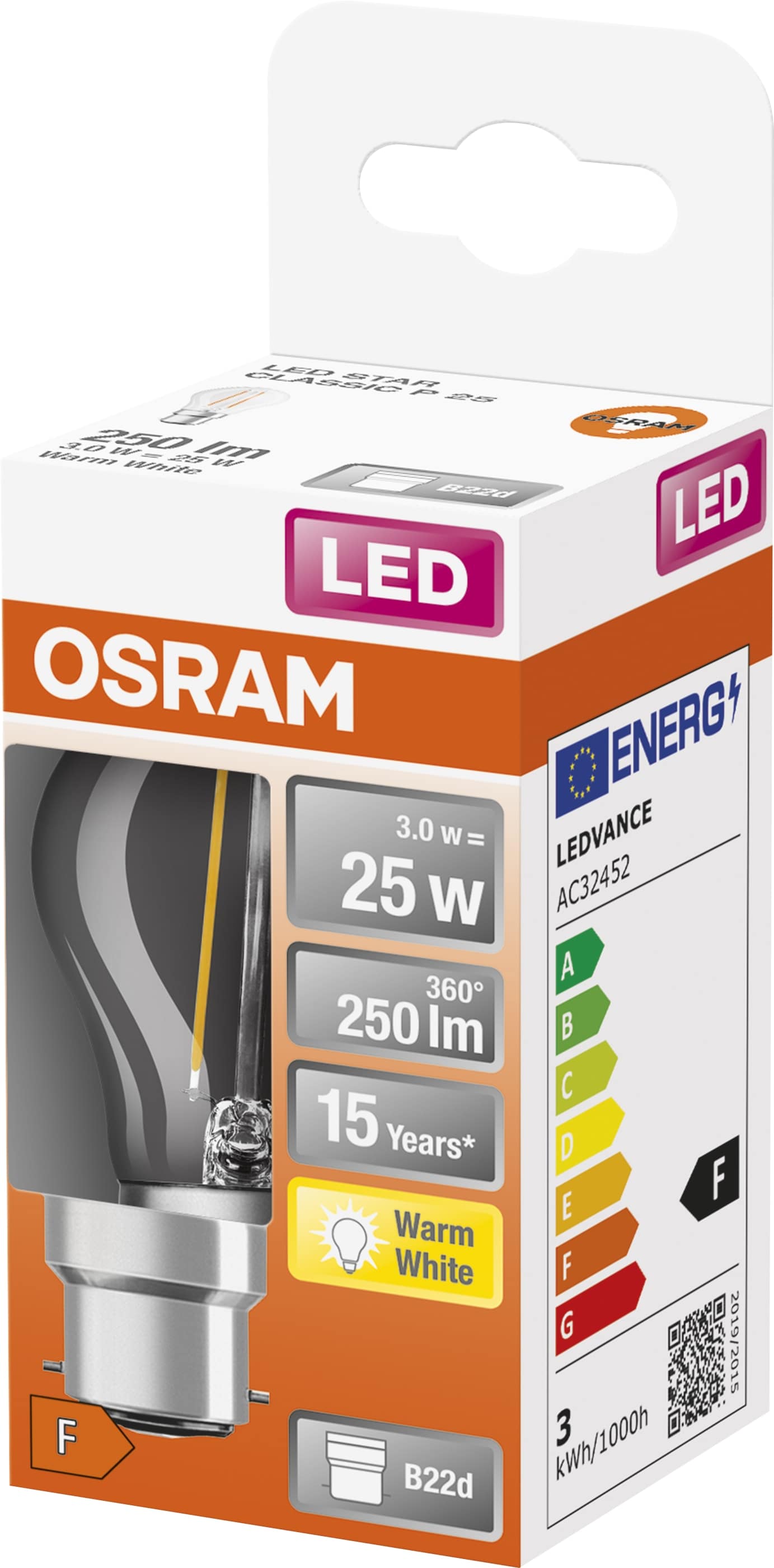 OSRAM Led-Lampe, B22d, 2,5W, 2700K, EEK: F, 250lm, Warmweiß Osram Led-Lampe, B22d, 2,5W, 2700K, EEK: F, 250lm, Warmweiß