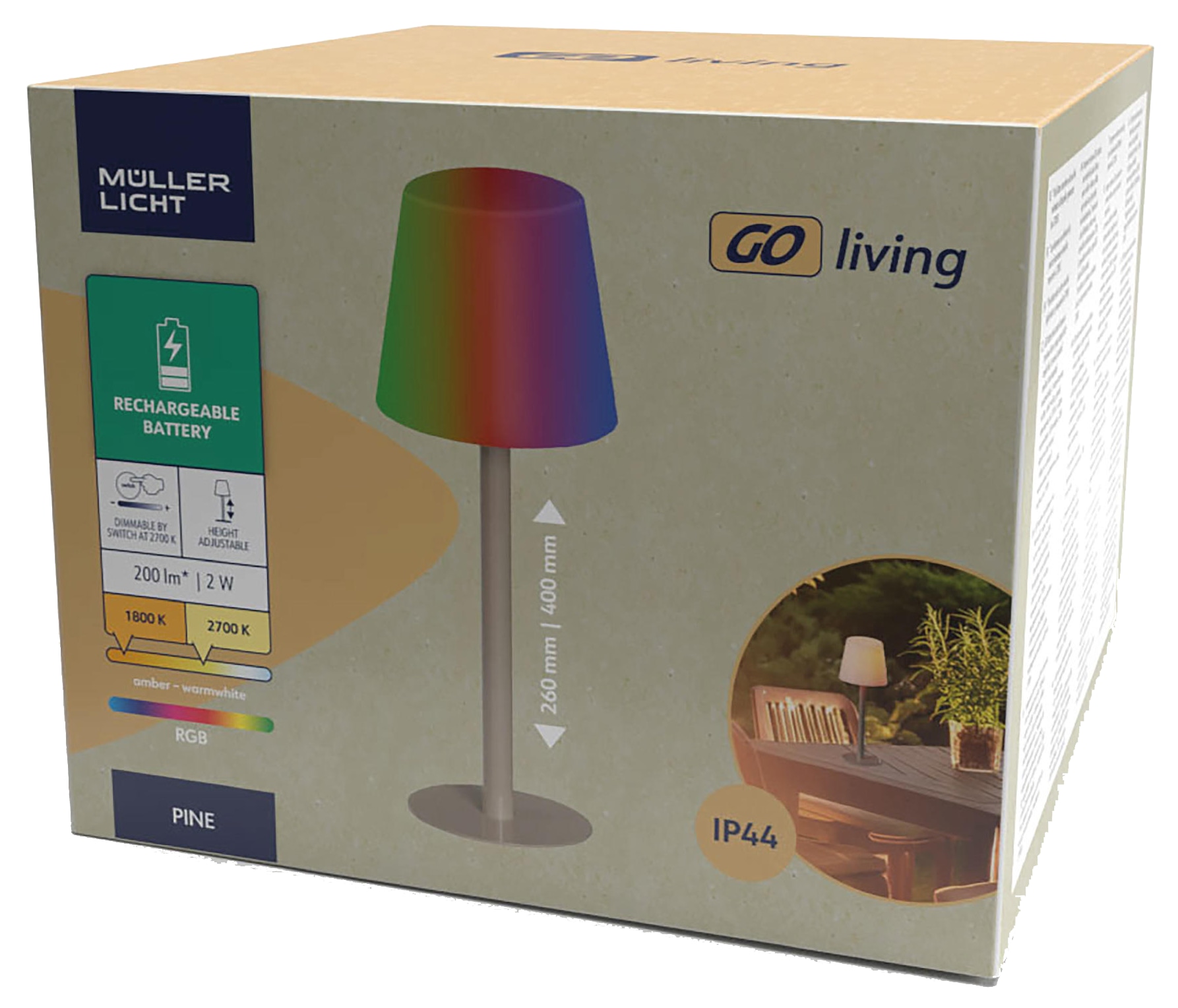 MÜLLER-LICHT LED-Akku-Tischleuchte PINE, 2W, 200lm, RGB + weiß, grau