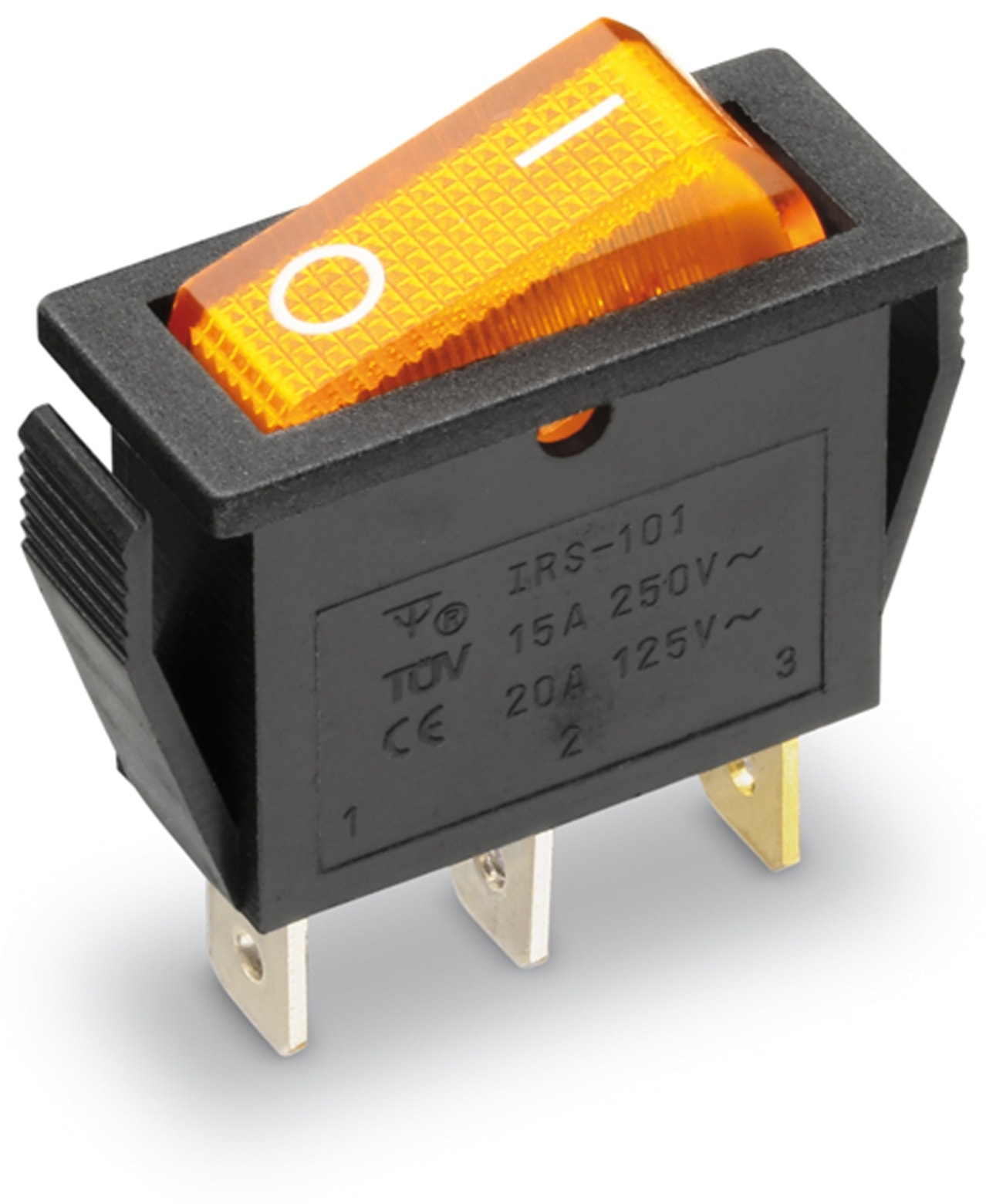 Wippenschalter 1-pol., I-0, gelb beleuchtet, 27x10,5 mm