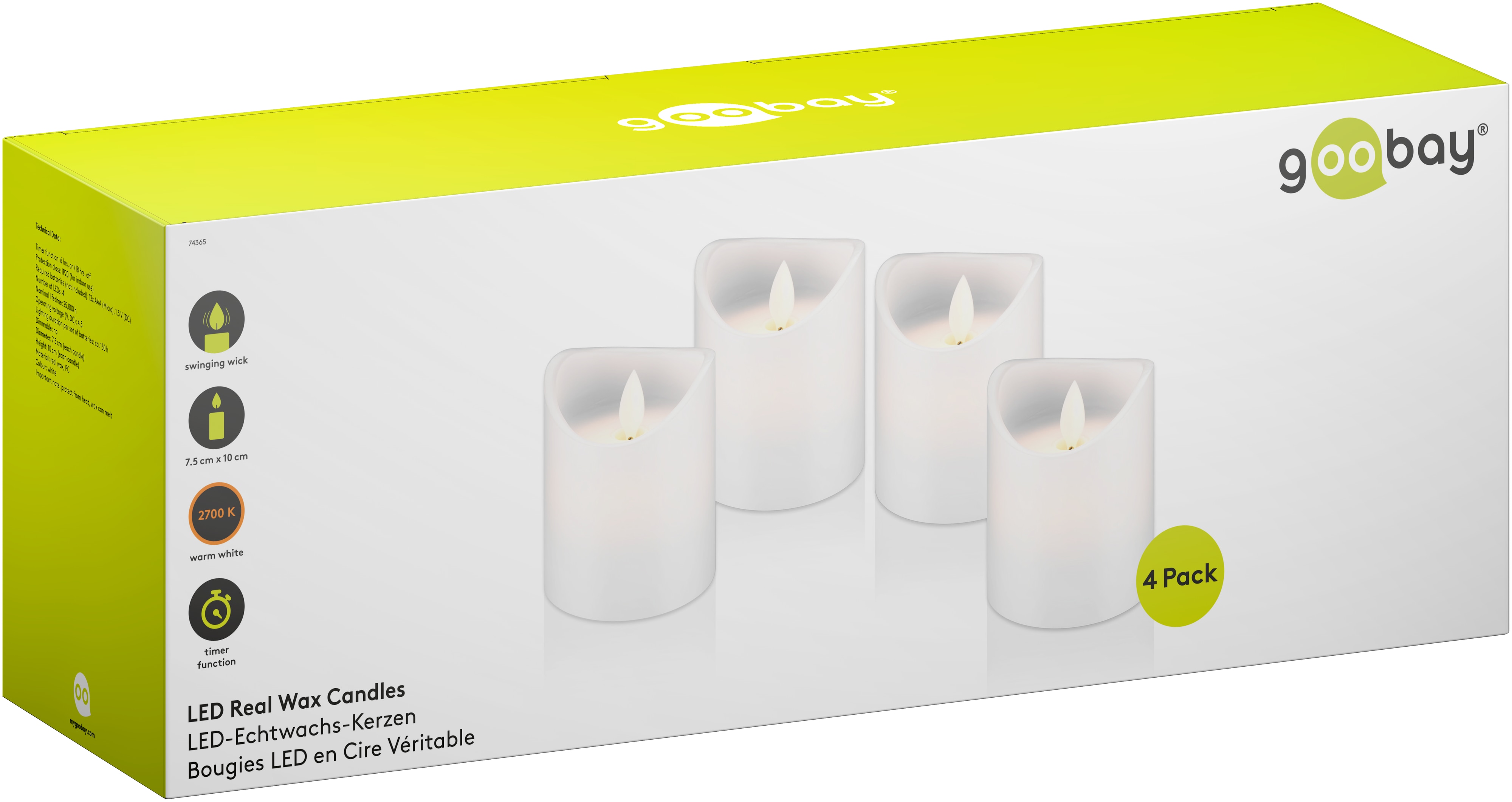 GOOBAY LED-Echtwachskerzen, Timerfunktion, 4 Stück, warmweiß, weiß