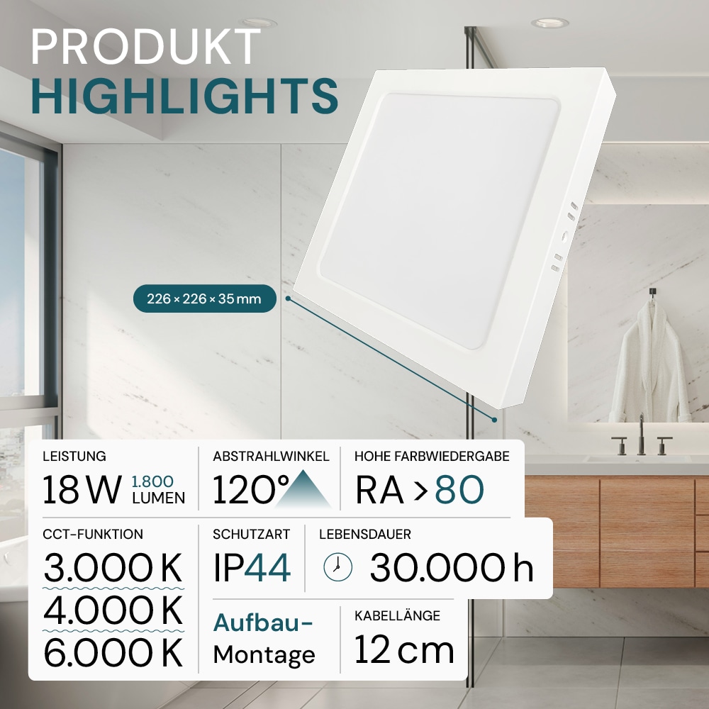 LUXULA LED-Deckenleuchte, 18W, EEK: F, 1800lm, CCT, IP44, quadrat, weiß