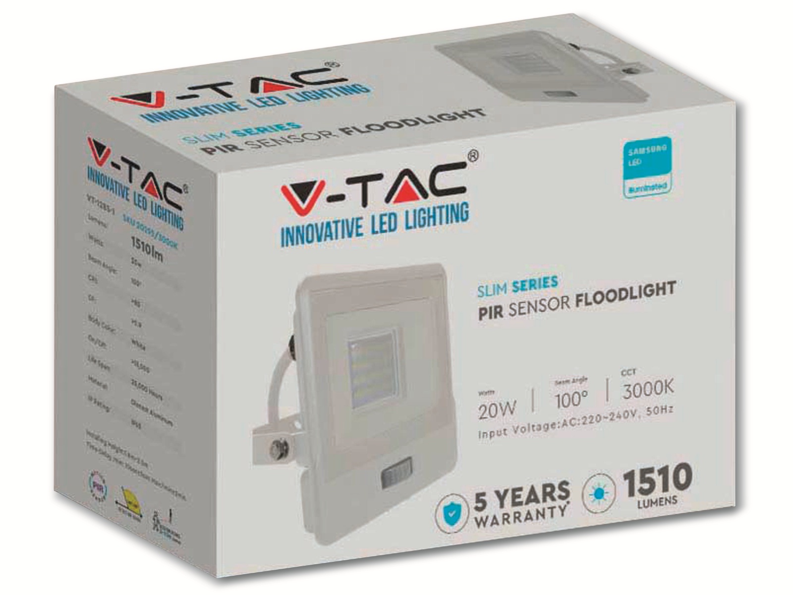 V-TAC LED-Fluter, Bewegungsmelder VT-128S-1 (20296) EEK: F, 20W, 1510 lm, 4000K, weiß