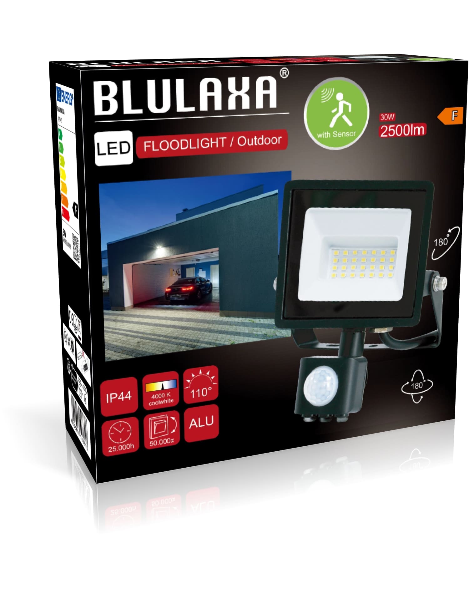 BLULAXA LED-Fluter mit Bewegungsmelder, EEK: F, 30W, 2500lm, 4000K, schwarz BLULAXA LED-Fluter mit Bewegungsmelder, EEK: F, 30W, 2500lm, 4000K, schwarz
